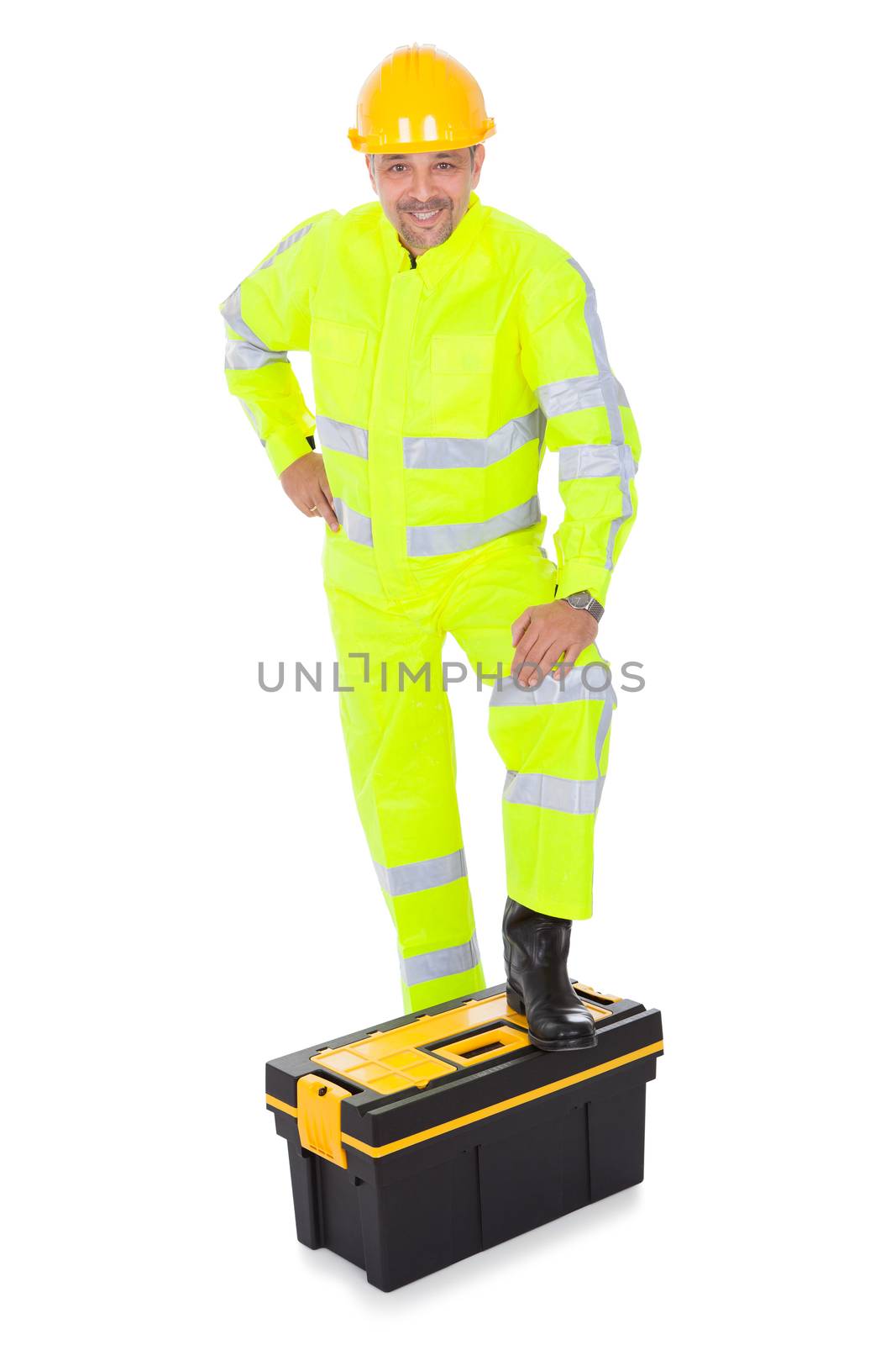 Portrait of worker wearing safety jacket and helmet. Isolated on white