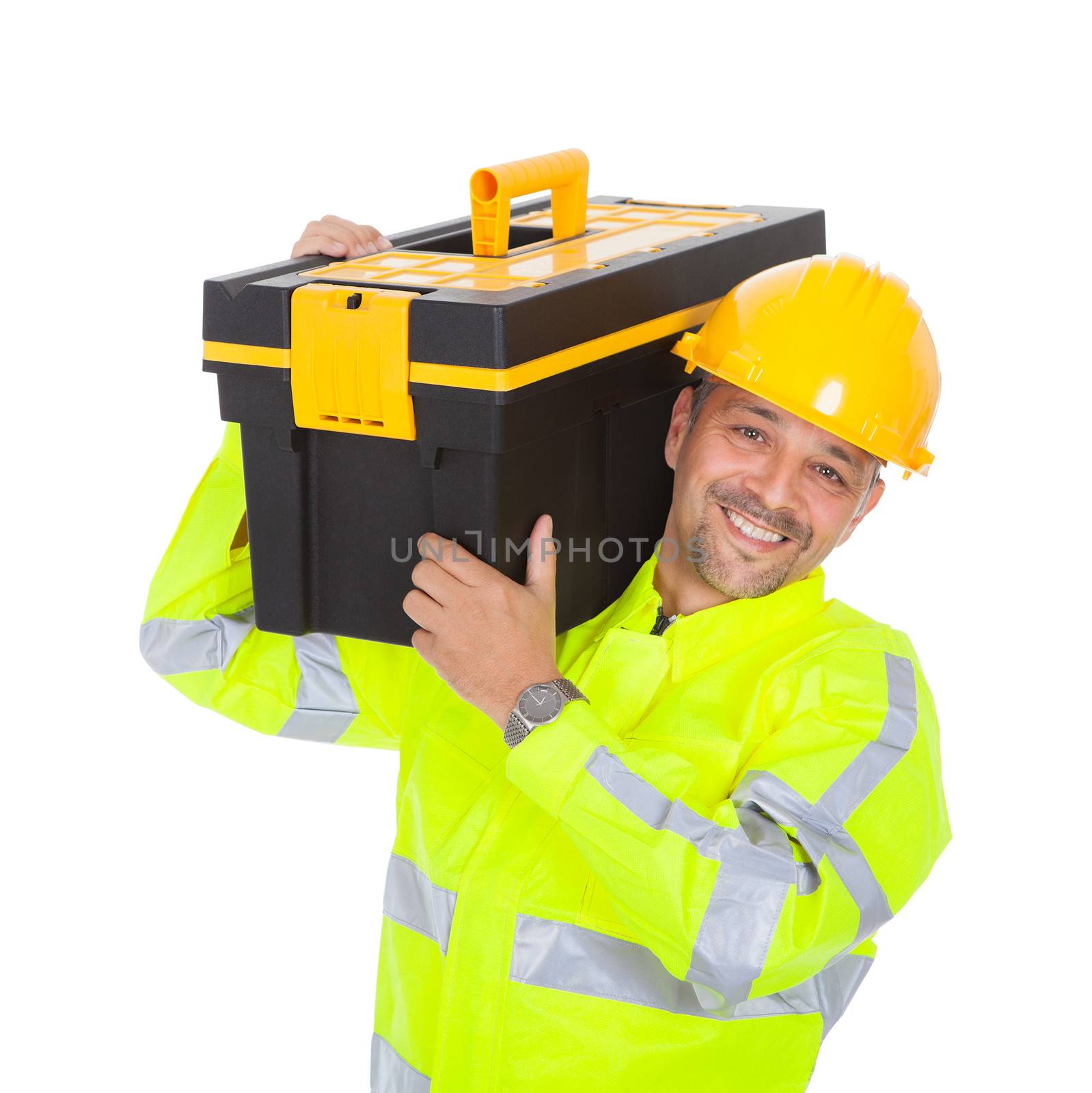 Portrait of worker wearing safety jacket and helmet. Isolated on white