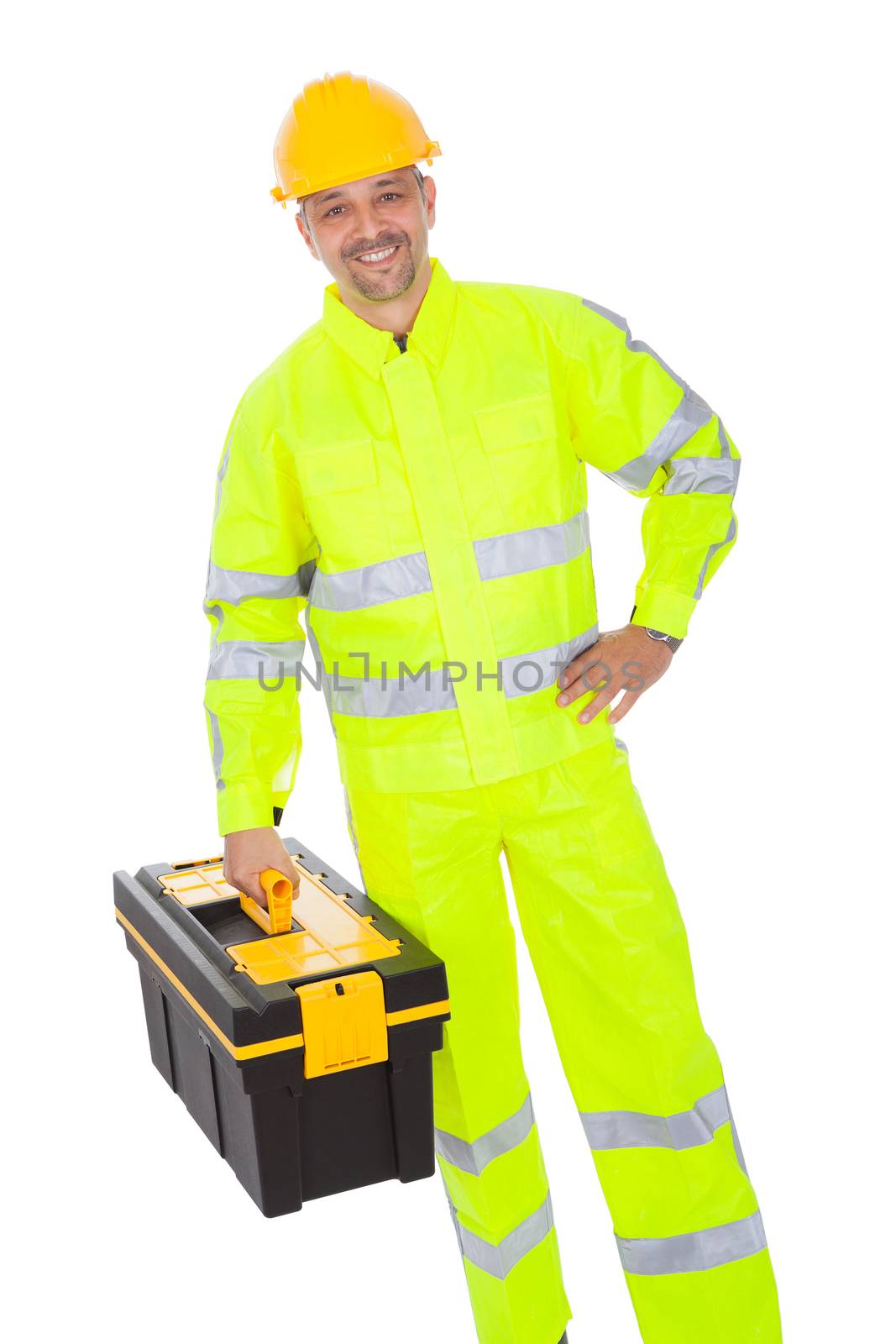 Portrait of worker wearing safety jacket and helmet. Isolated on white