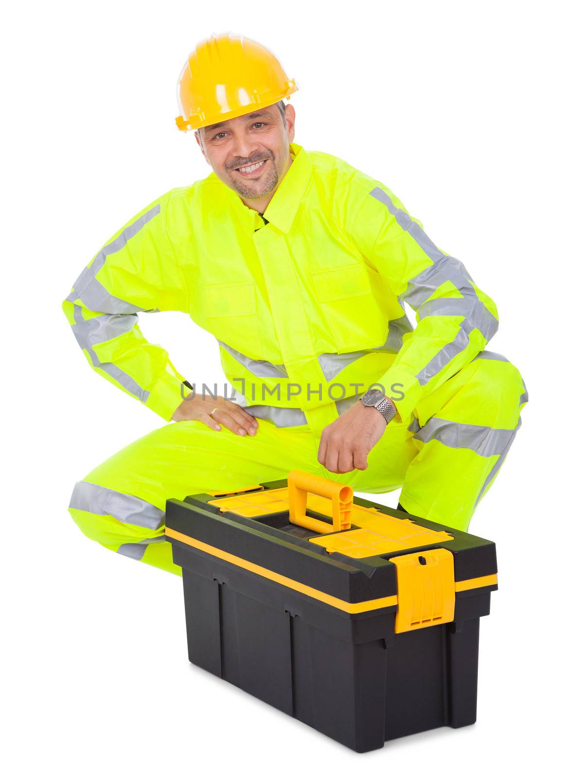 Portrait of worker wearing safety jacket and helmet. Isolated on white