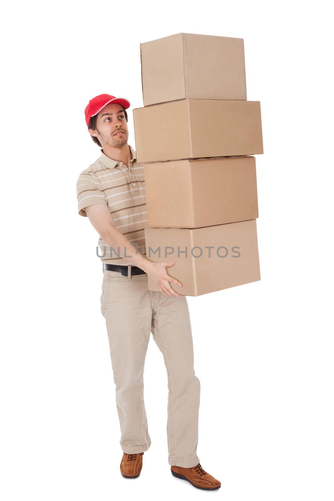 Delivery man carrying stack of boxes by AndreyPopov