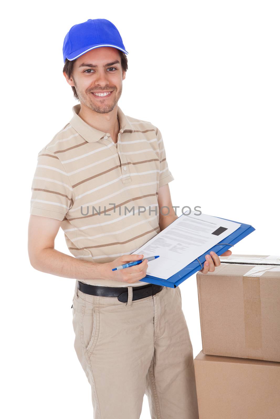 Delivery man asking to sign delivery confirmation. Isolated on white