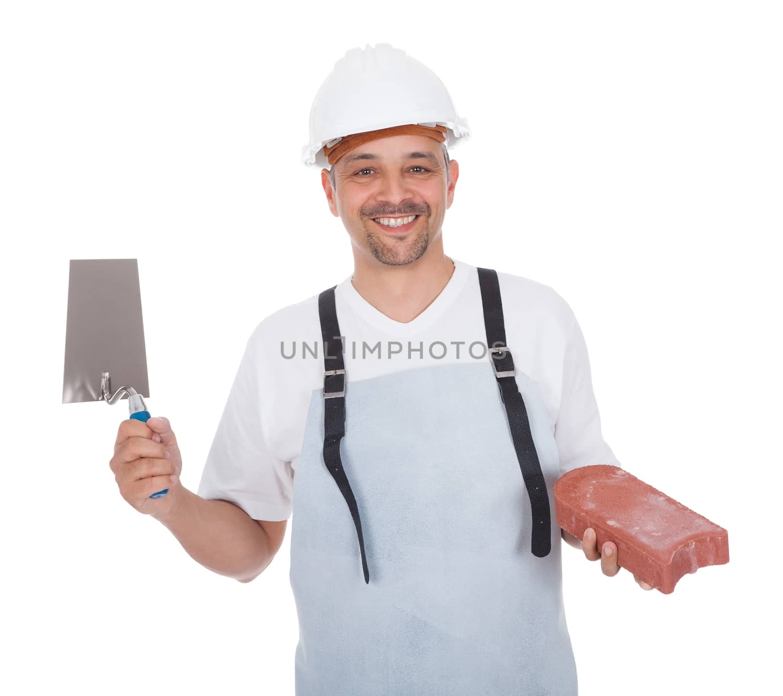 Portrait of smiling bricklayer. Isolated on white