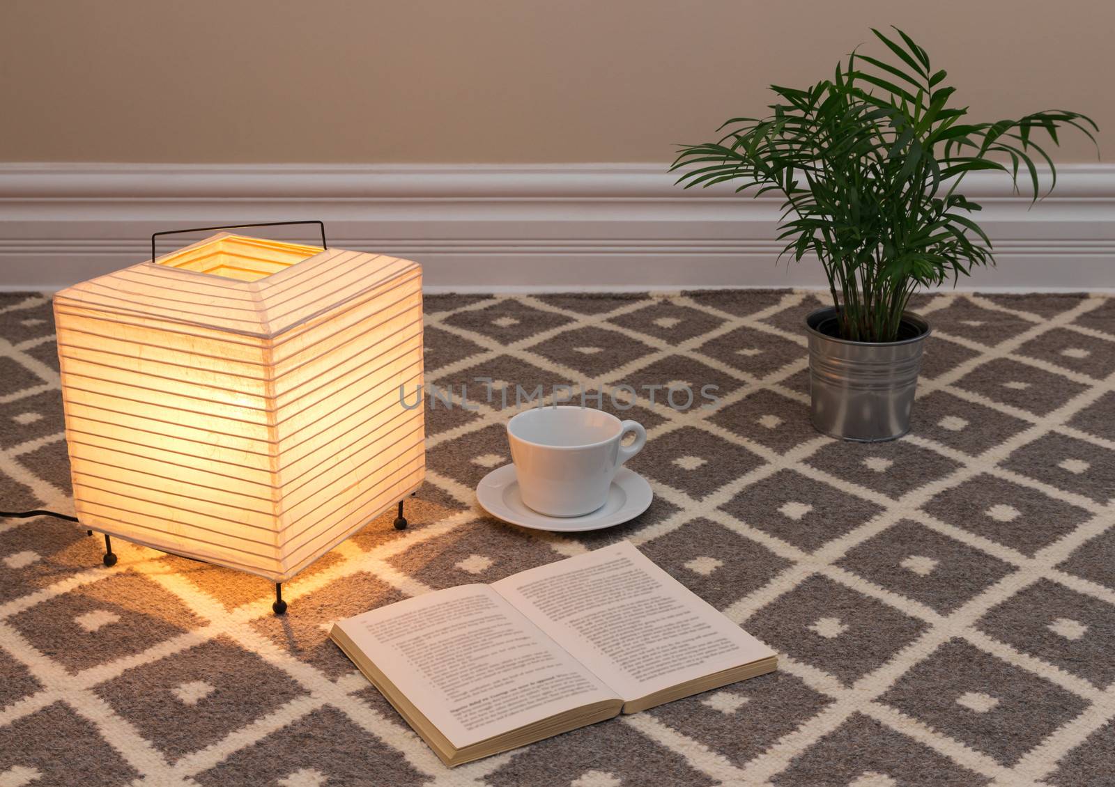 Lamp and a book to read on a carpet floor.