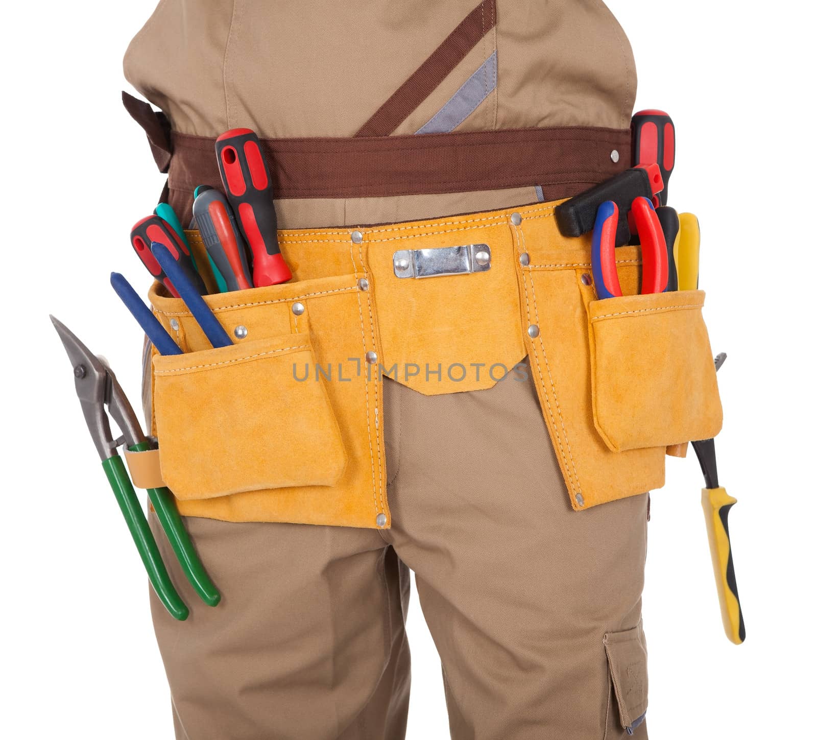 Close-up on worker's toolbelt. Isolated on white