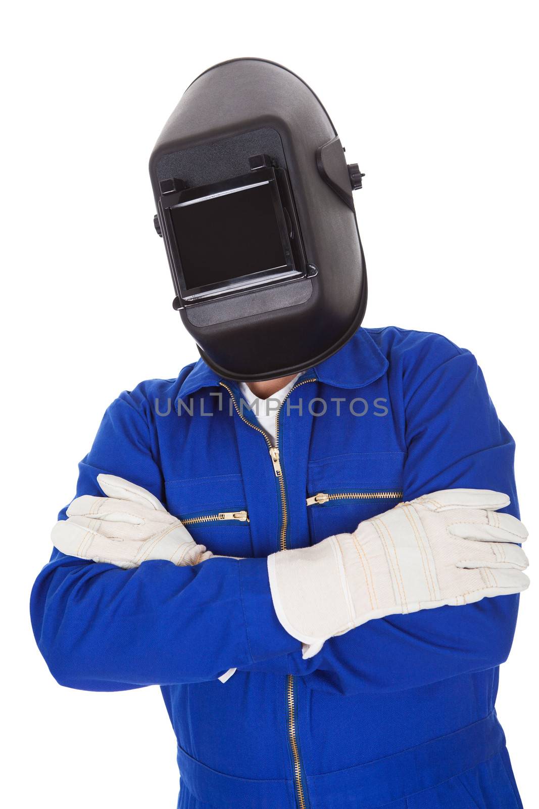 Portrait of confident welder in the mask. Isolated on white