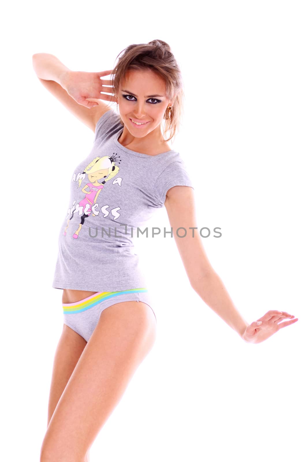 Fitness young woman in white isolated