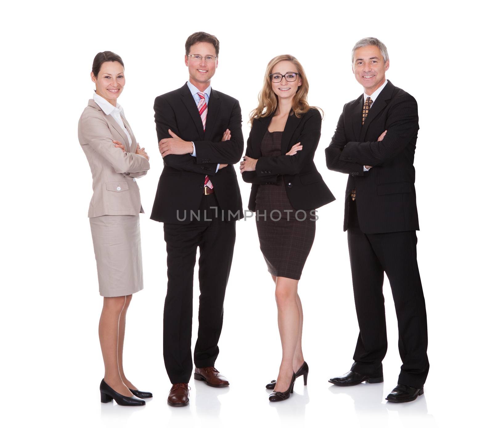 Successful business team with two attractive businesswoman and two middle-aged businessmen standing in a row smiling at the camera