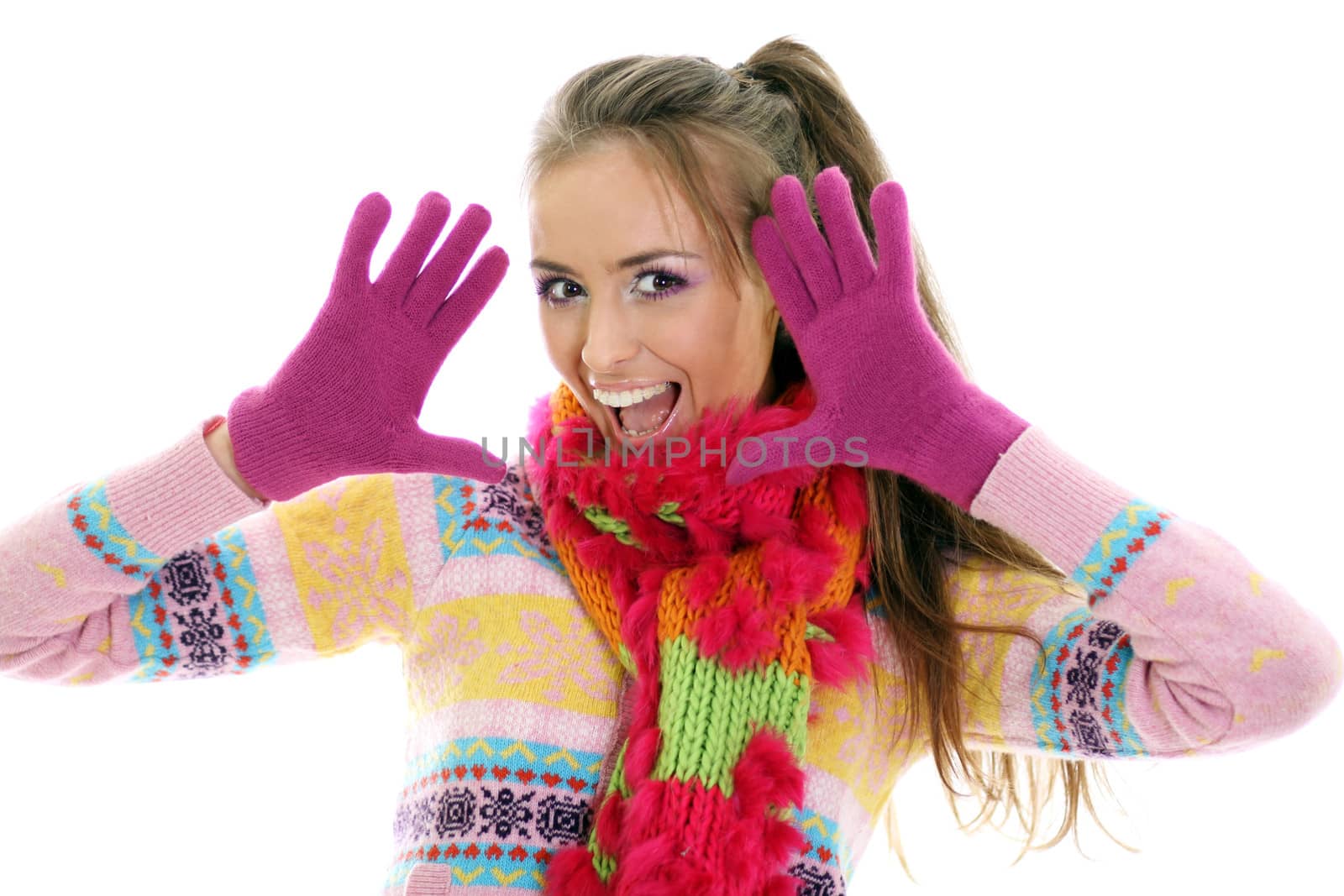 portrait of a beautiful happy woman in a knitted jacket