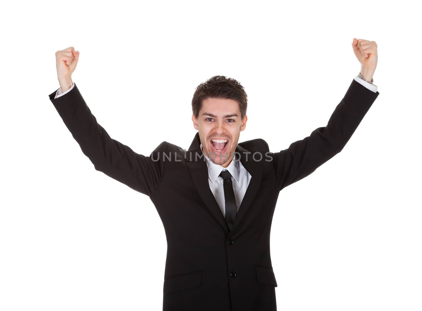 Portrait of excited businessman. Isolated on white