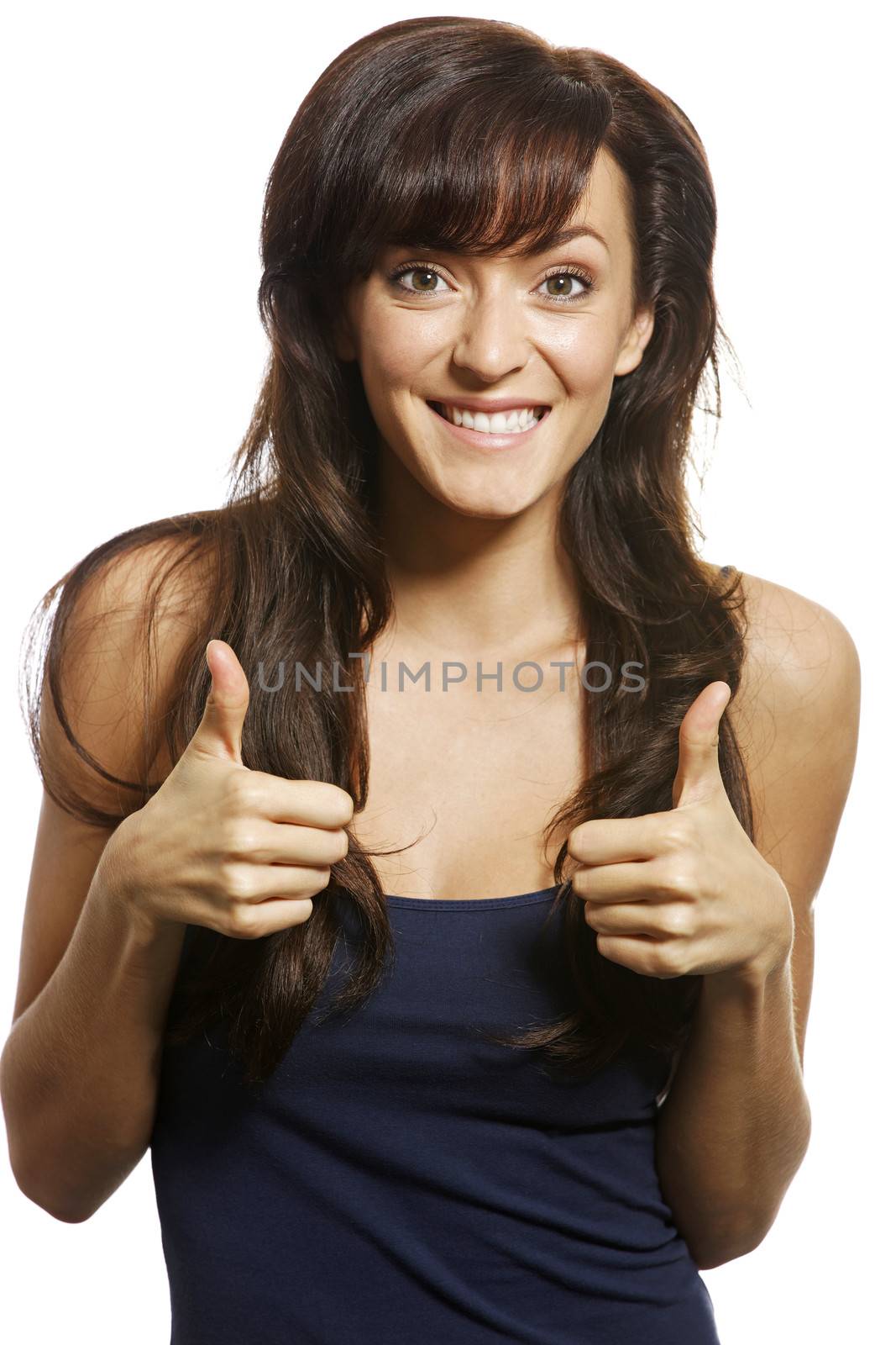 Beautiful young woman holding both thumbs up