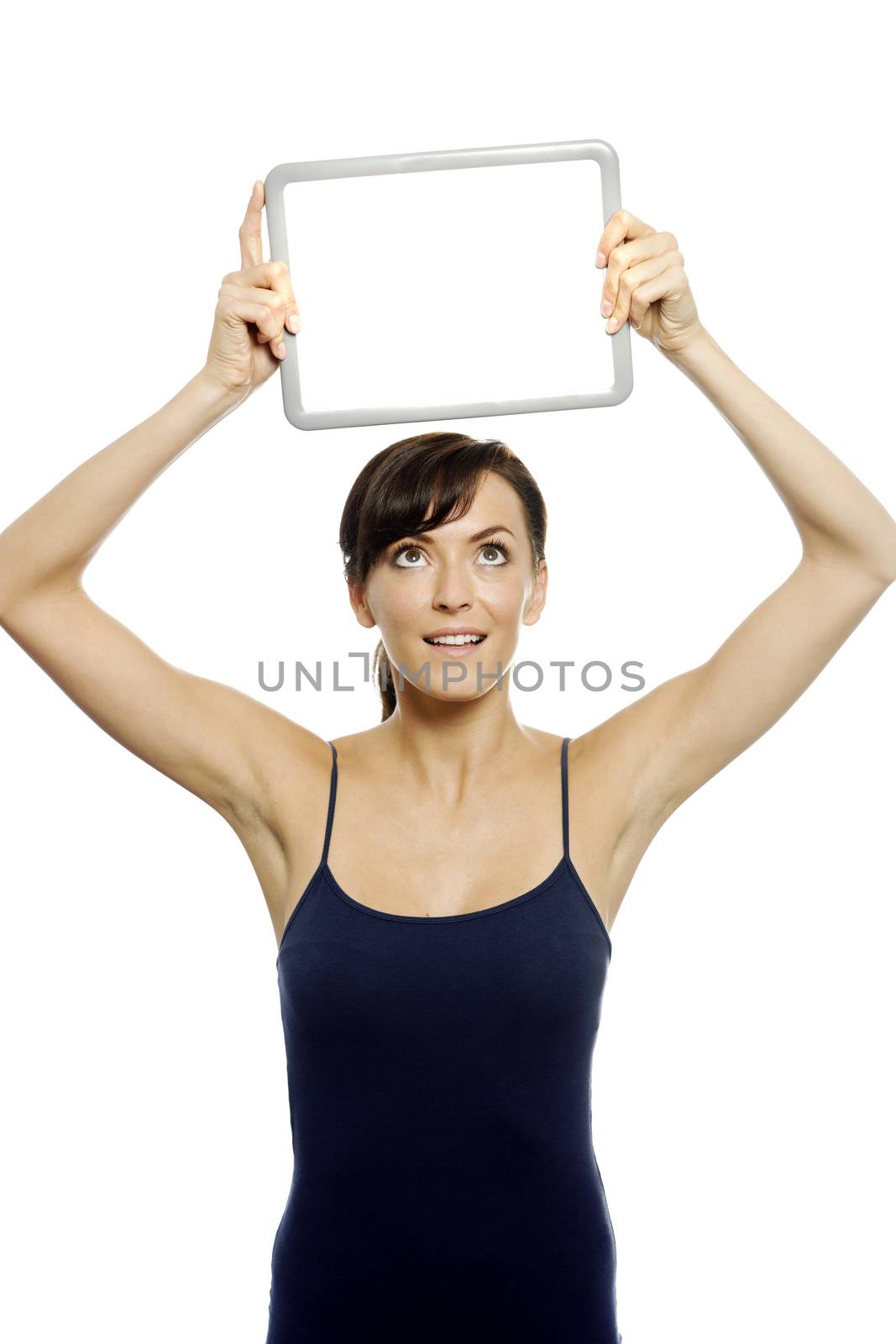 Young woman holding ip a wipe board for text