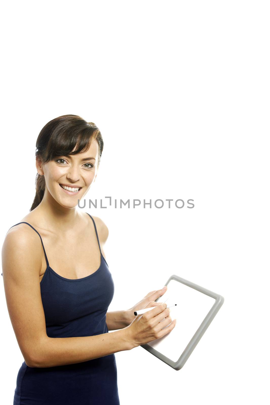 Young woman holding ip a wipe board for text