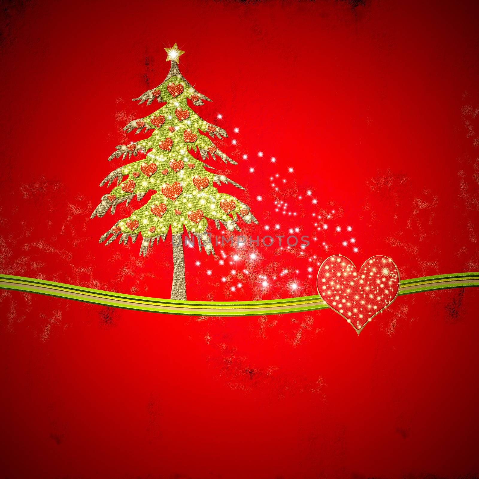 Christmas blank with fir tree and glossy hearts in red background with copy space