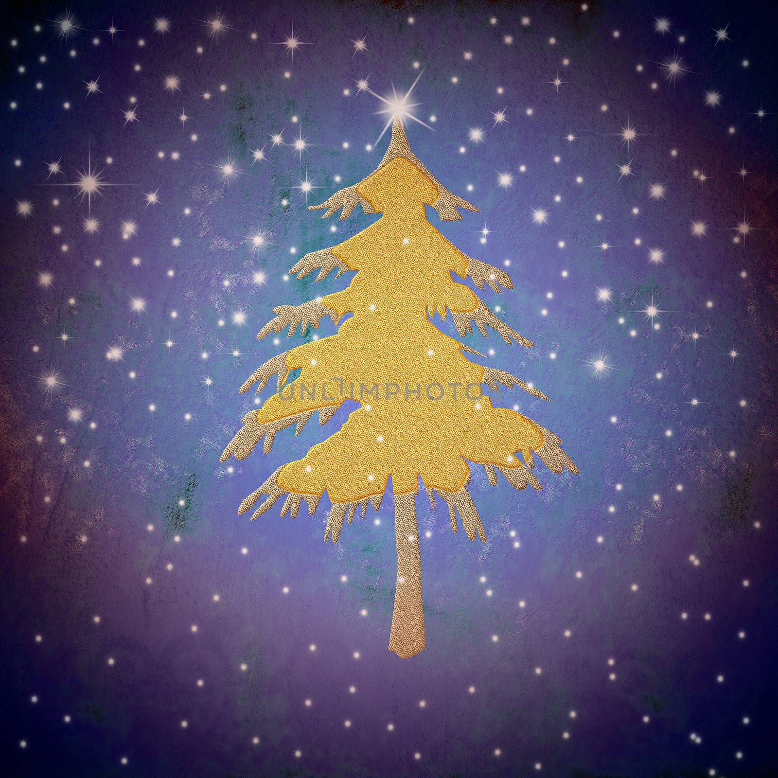Christmas greeting card,gold fir tree with stars, on blue  background 