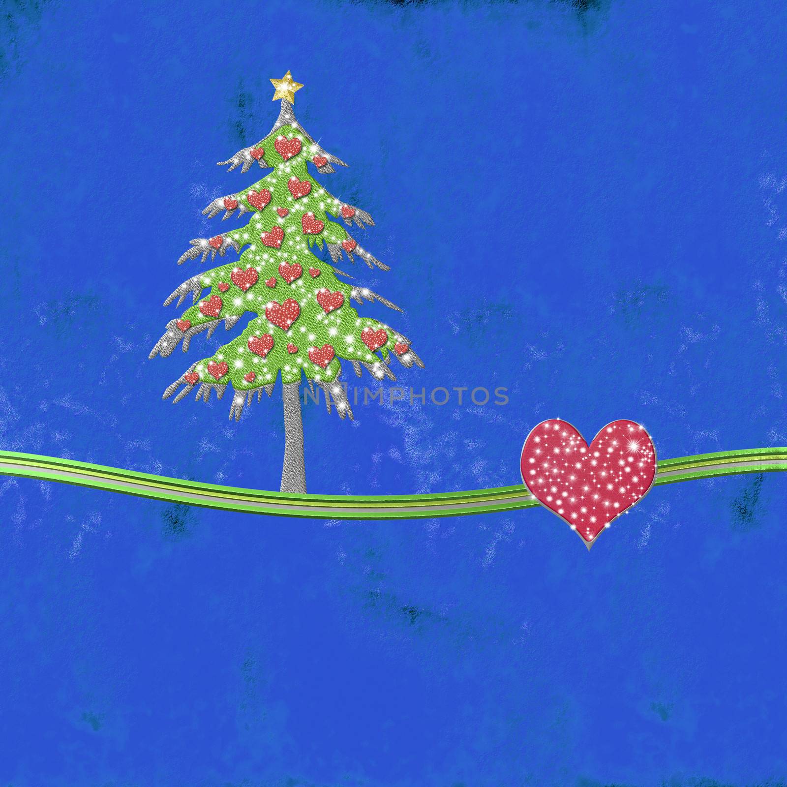 Christmas blank with  green fir tree and glossy hearts in blue background with copy space for text