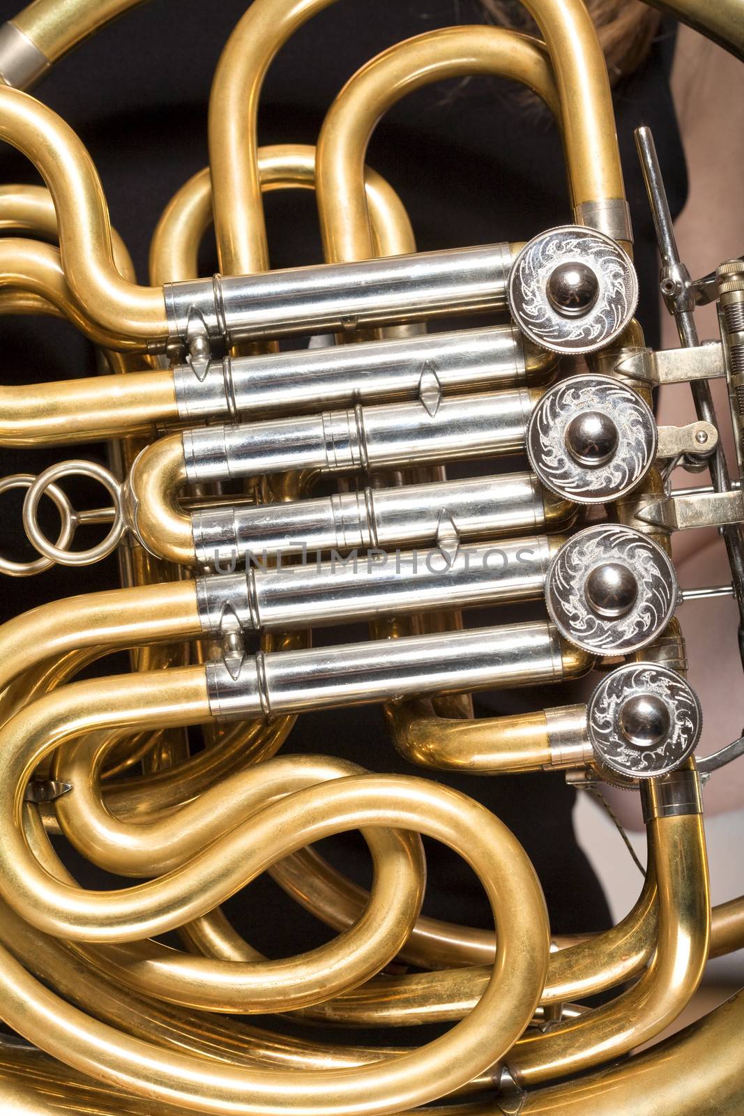 closeup of a concert french horn musical instrument