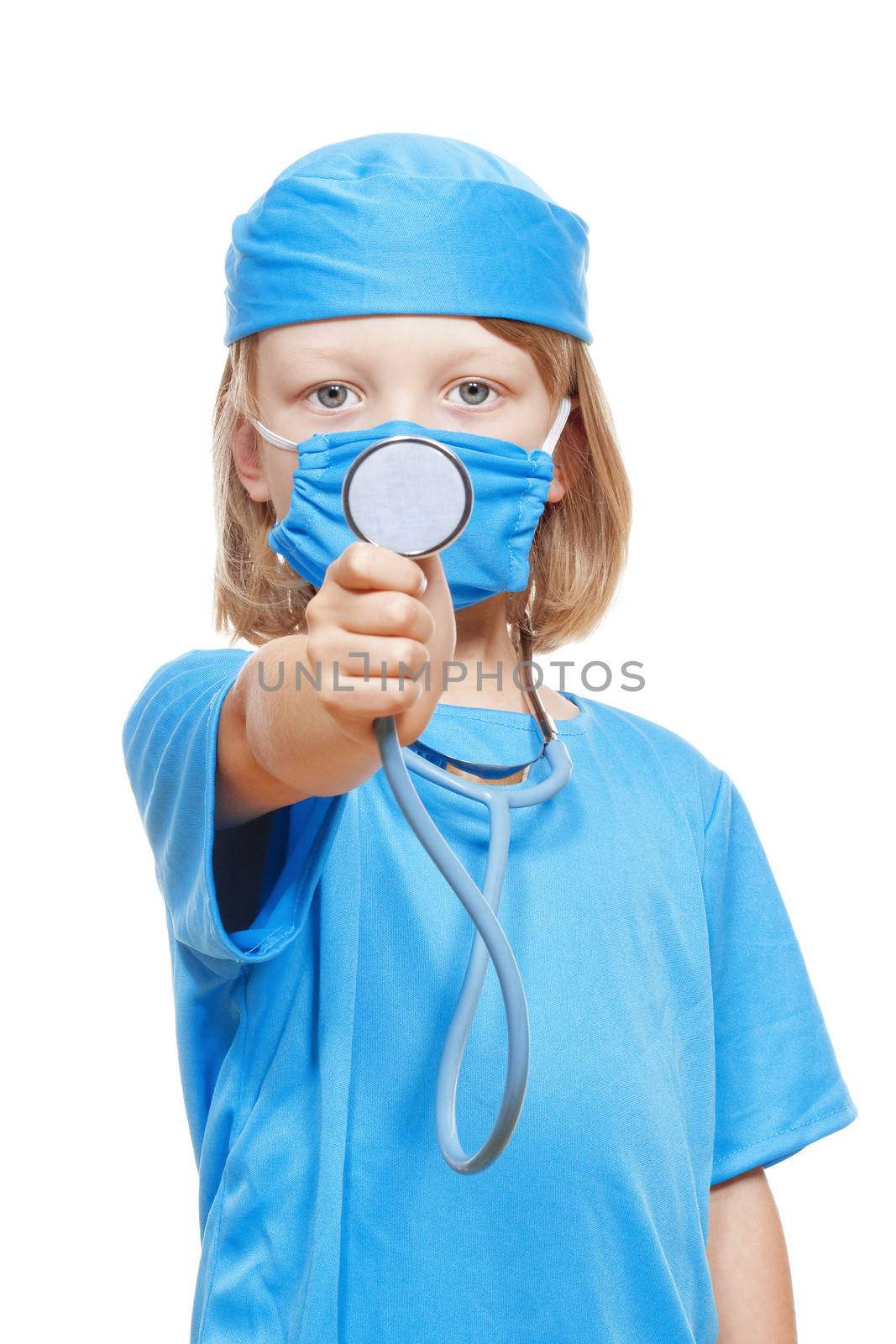 portrait of a boy with stethoscope playing a doctor