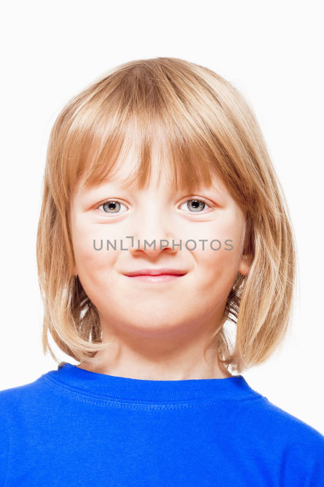 portrait of a boy with long blond hair in blue top - isolated on white