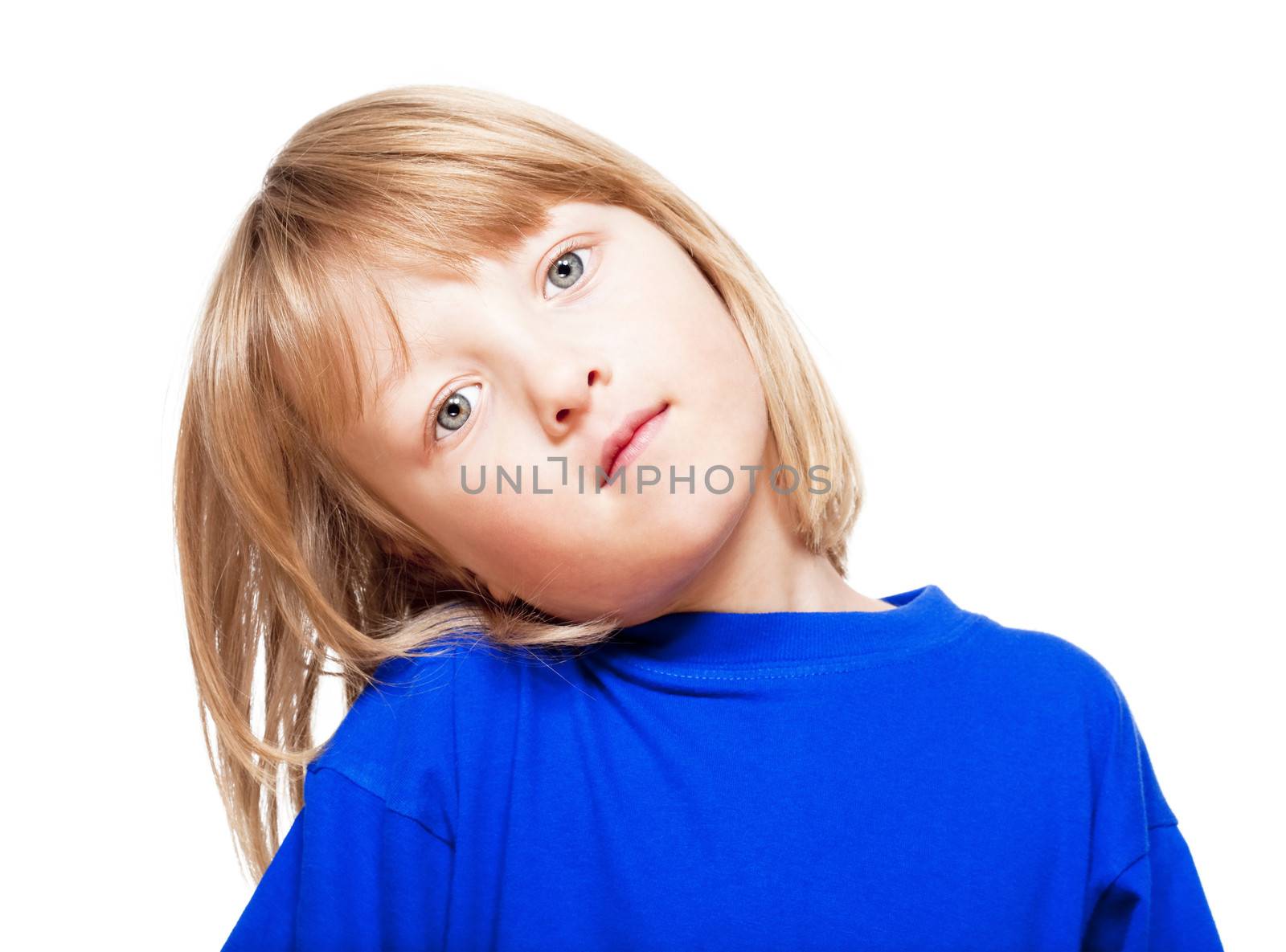 portrait of a boy with long blond hair in blue top - isolated on white