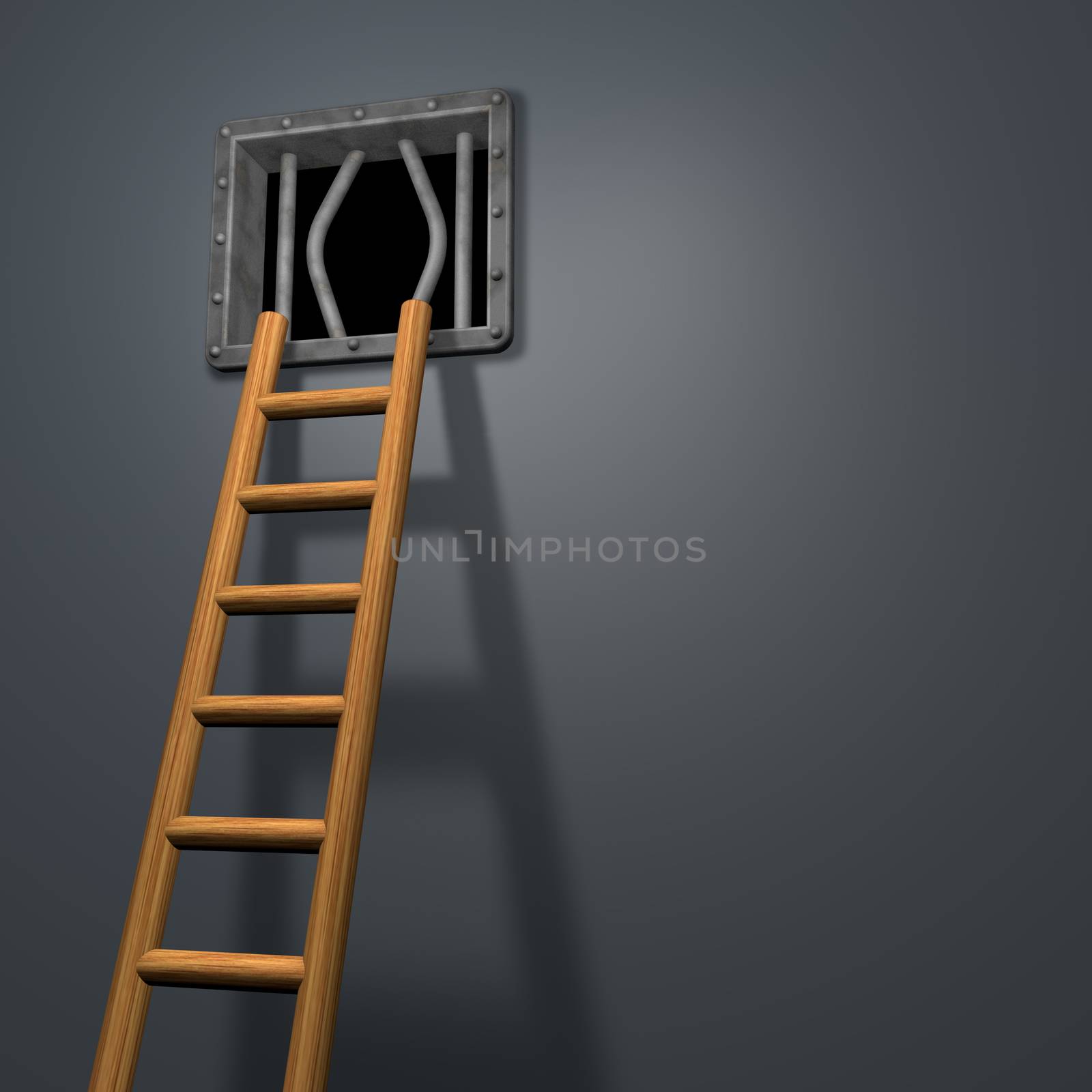 riveted steel prison window and wooden letter - 3d illustration