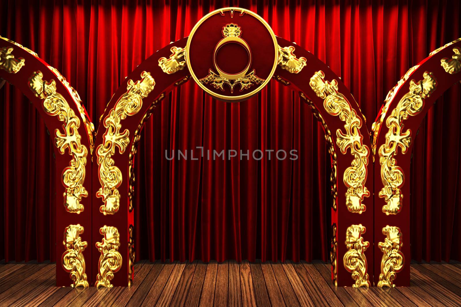 red fabric curtain on golden stage