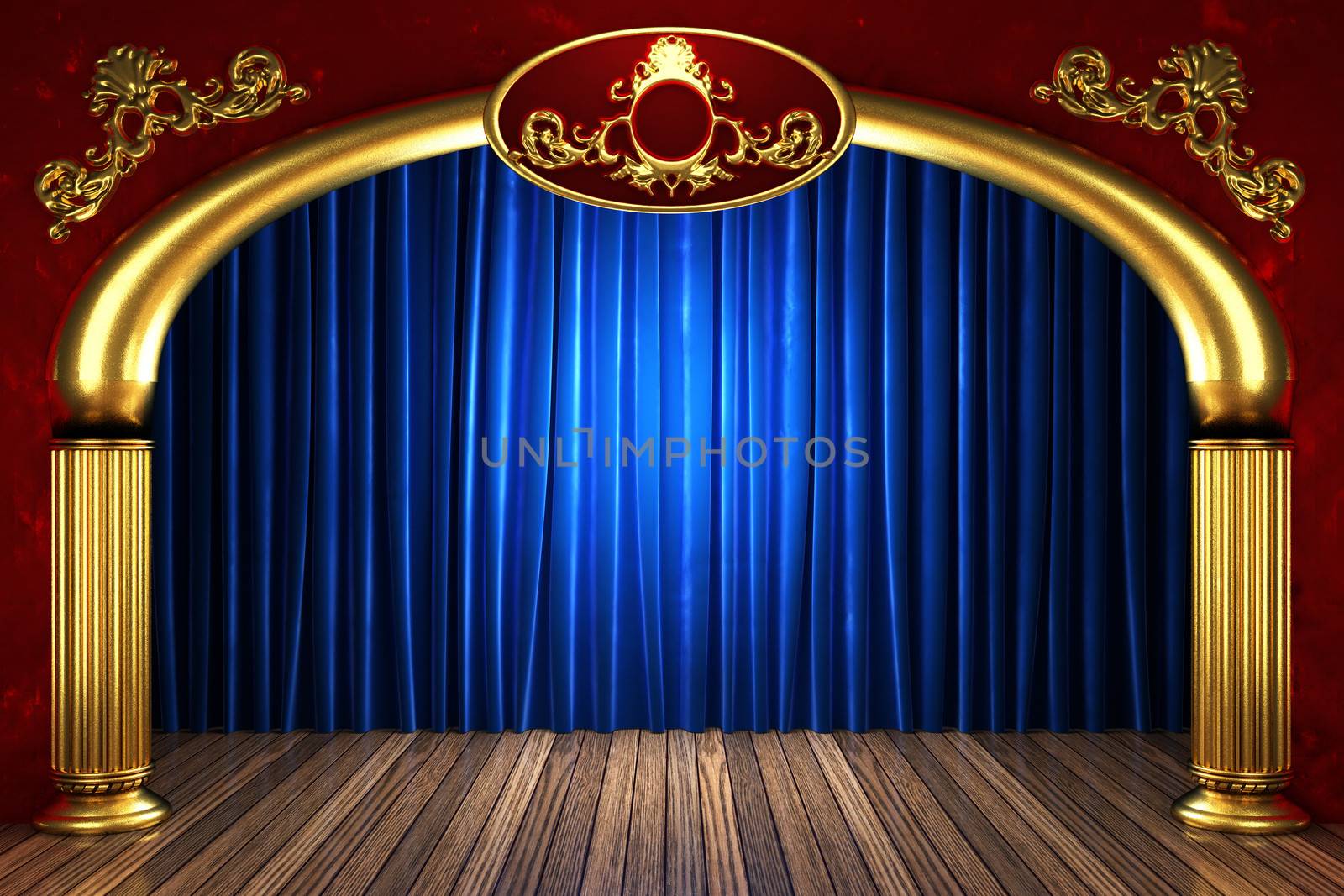 blue fabric curtain on golden stage