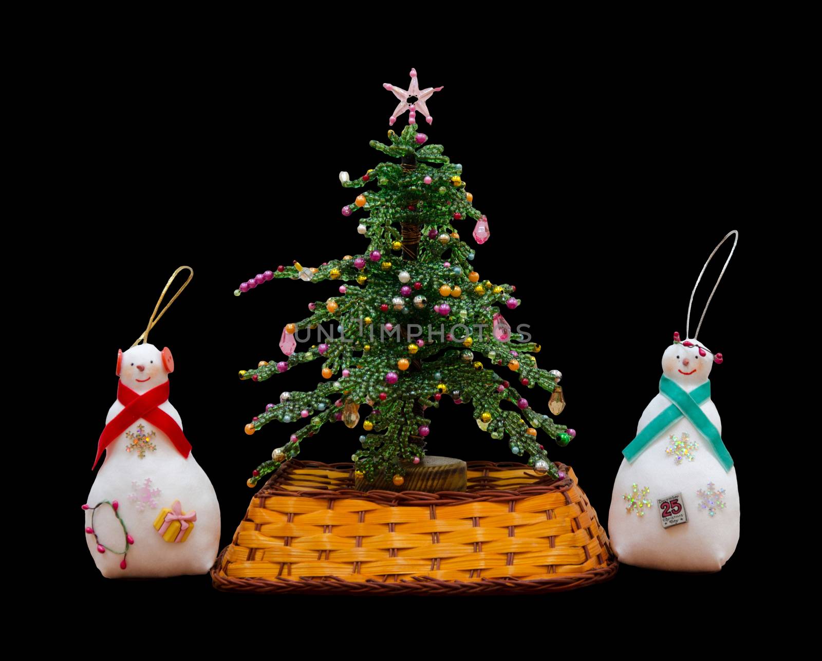 The Handmade isolated New Year tree and 2 snowmans