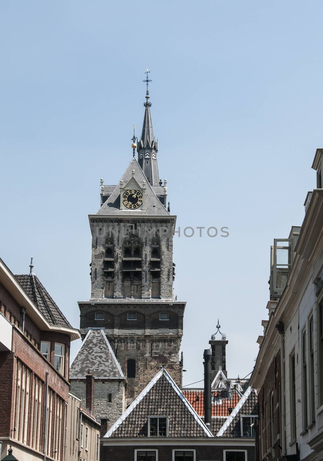 the tower of the old church in the dutch city Delft