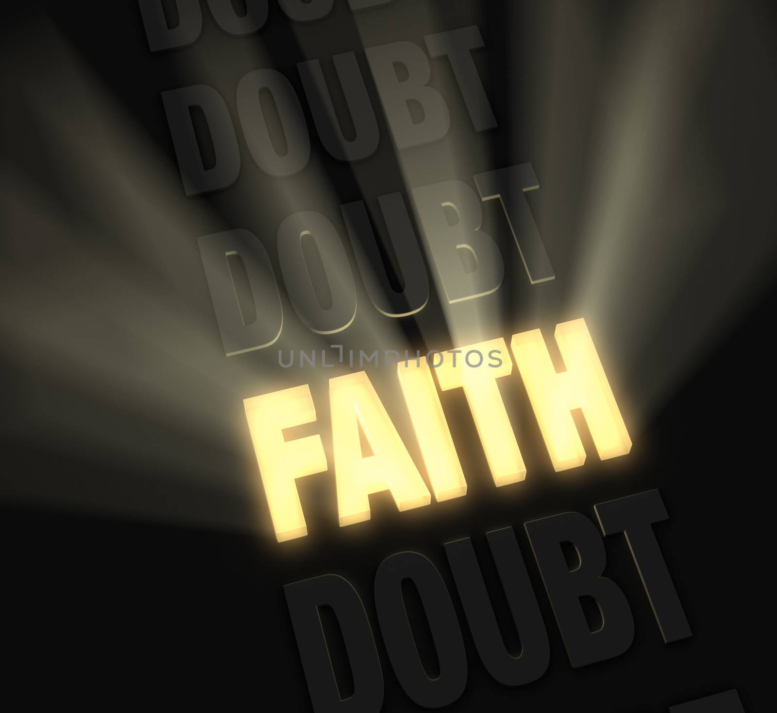 Bright light rays burst from a glowing, gold "FAITH" in a row of "DOUBT"s on a dark background 