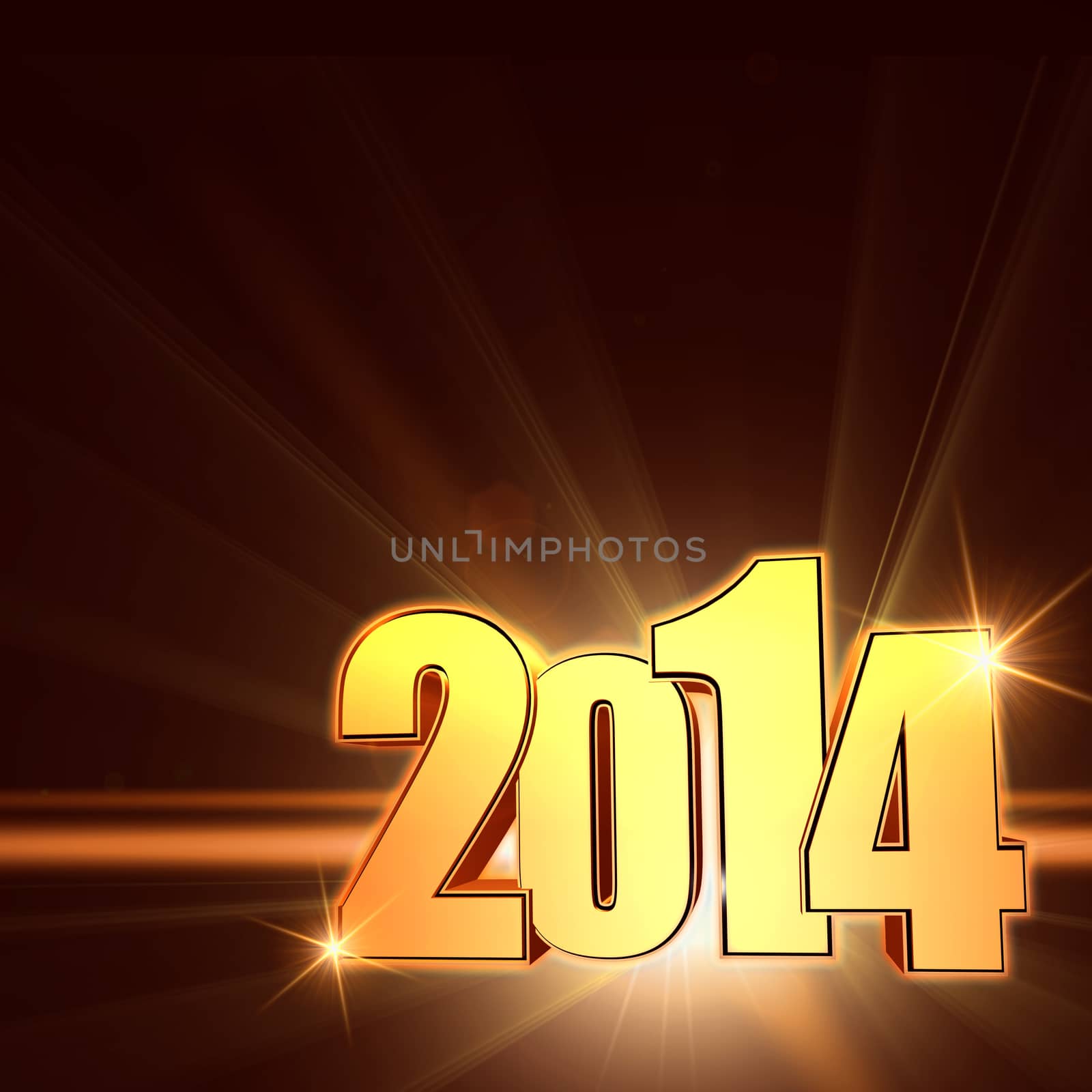 golden new year 2014 with light rays over shining brown background with lens flare