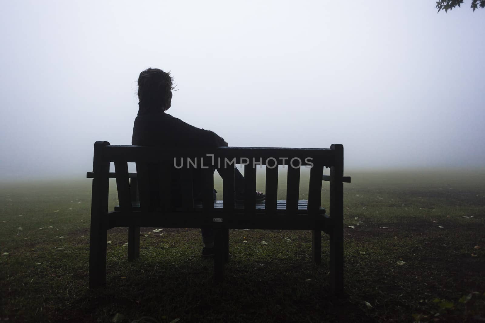 Woman seated on bench looks into the mist with faith pending future days.