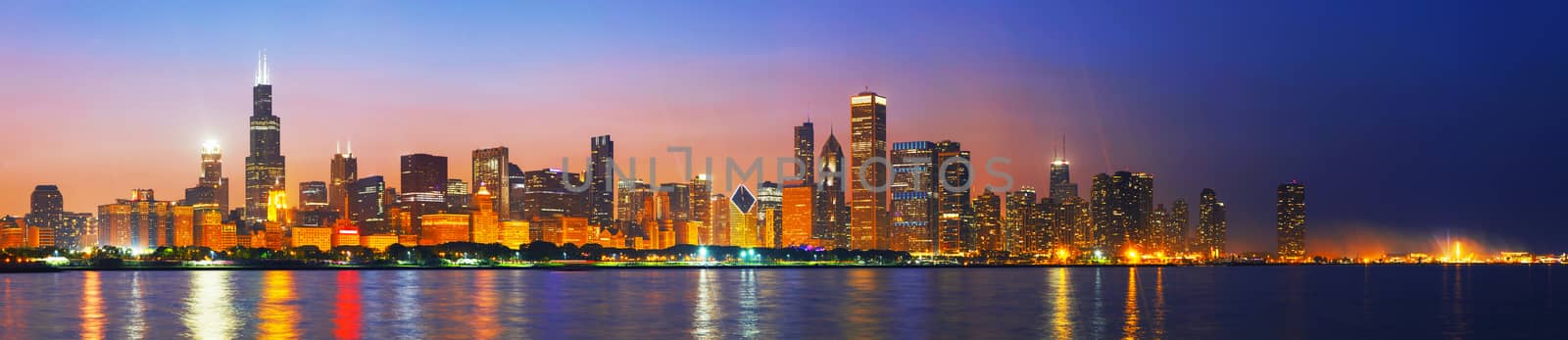 Downtown Chicago, IL at sunset as seen from Lake Michigan