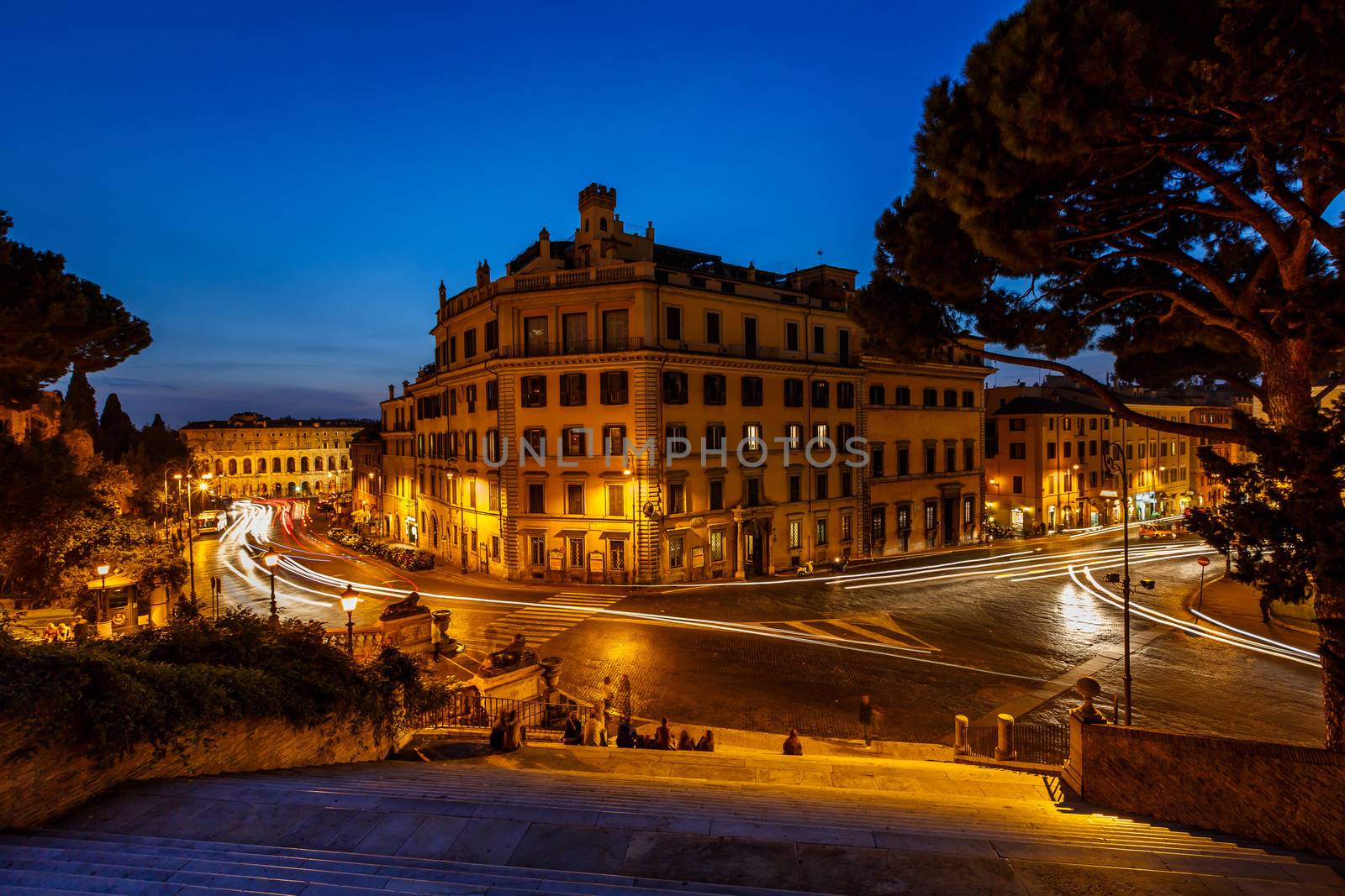 Marcello Theater and Traffic Trails on Via Marcello, View from Capitoline Hill, Rome, Italy
