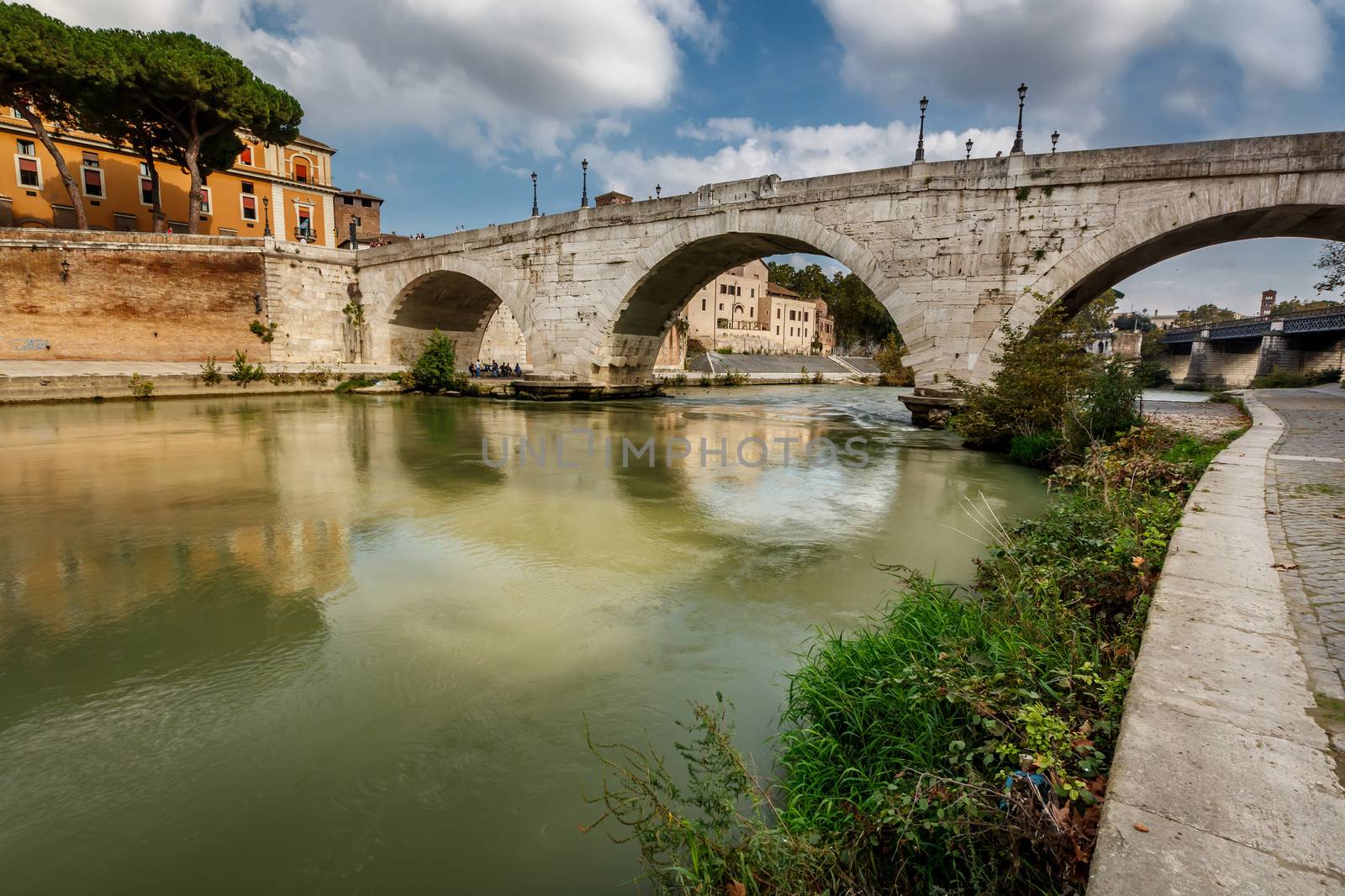 Panorama of Tiber Island and Cestius Bridge over Tiber River, Rome, Italy