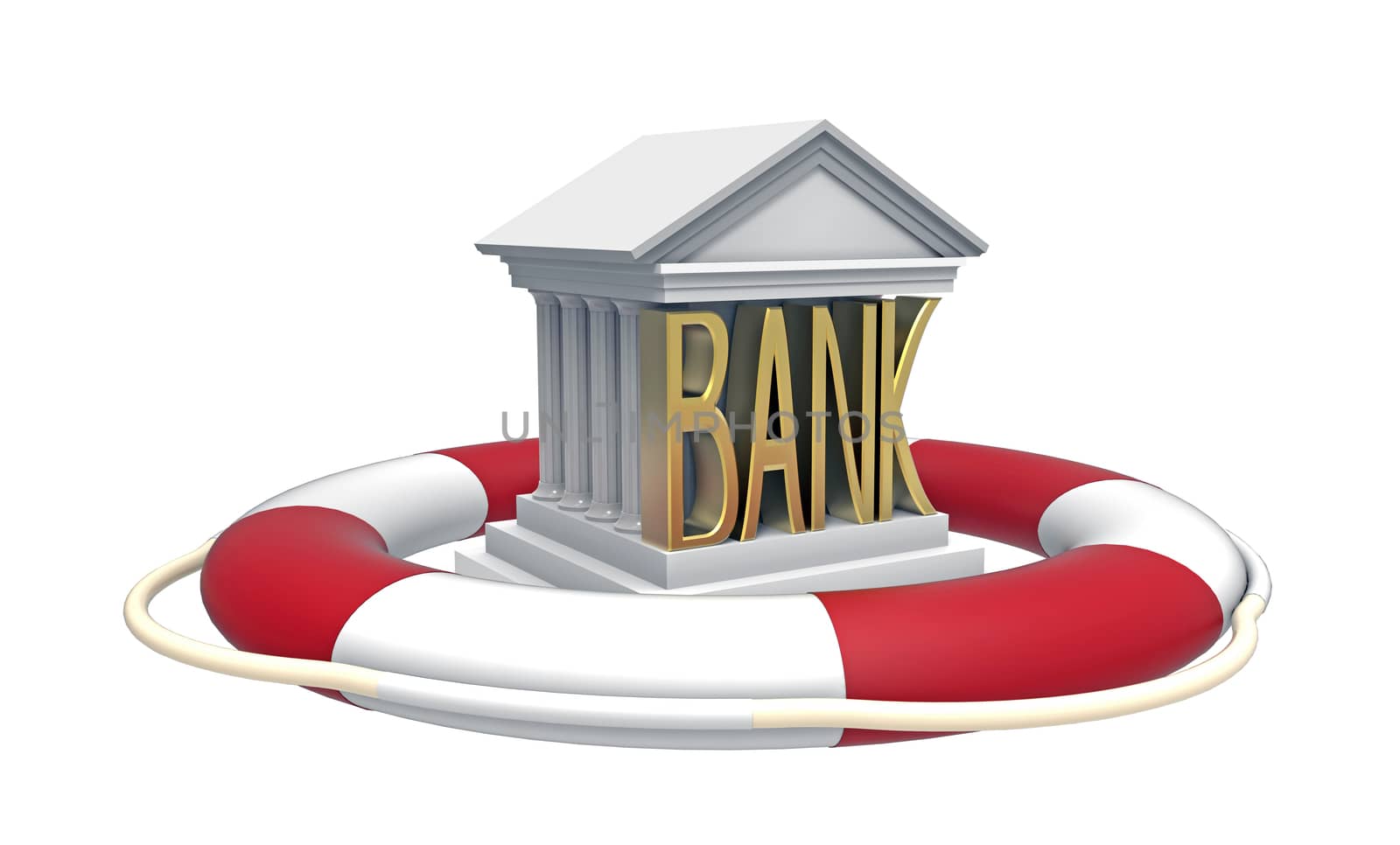 Bank with lifebuoy, 3D render, isolated on white