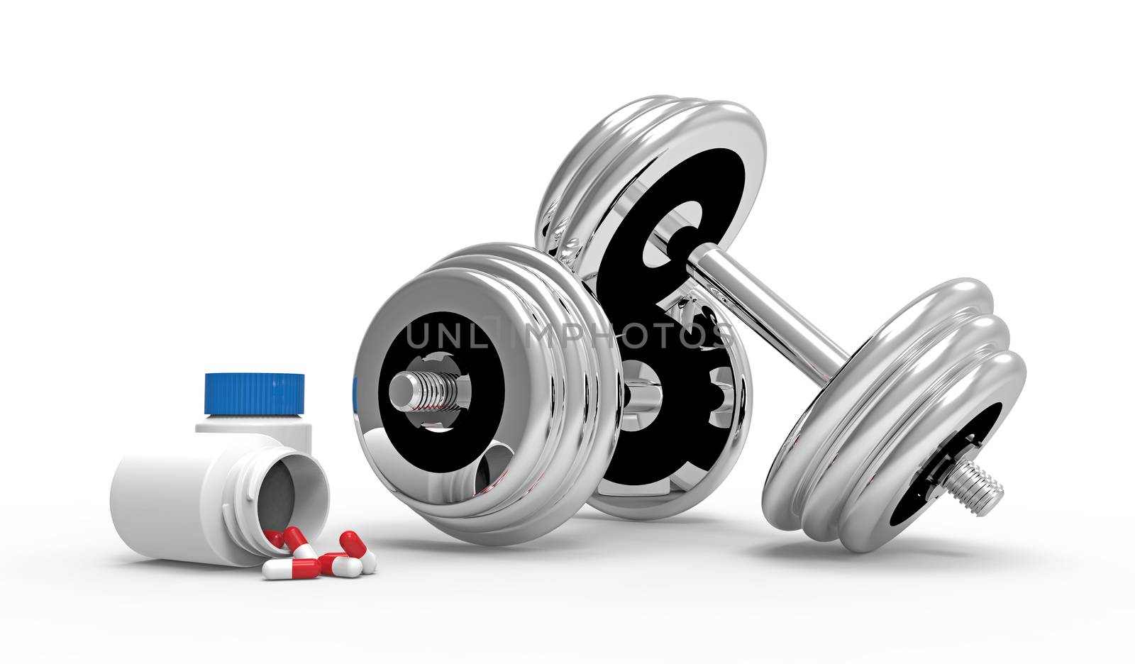 Two dumbbells with vial of pills, on white background, 3D render