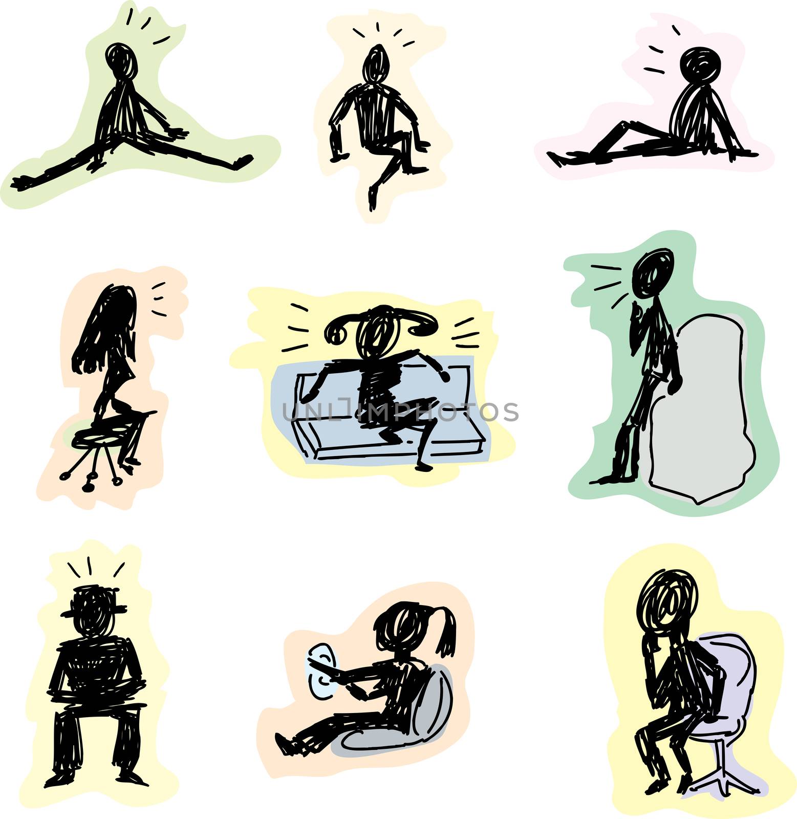 Sketches of stick figures sitting in different positions