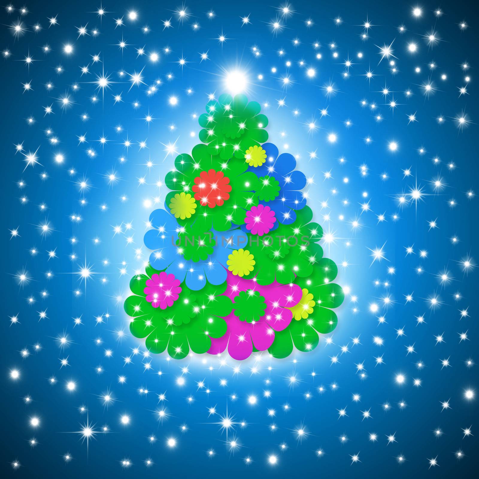 merry christmas card, funny tree multicolored flowers on blue sky background with stars
