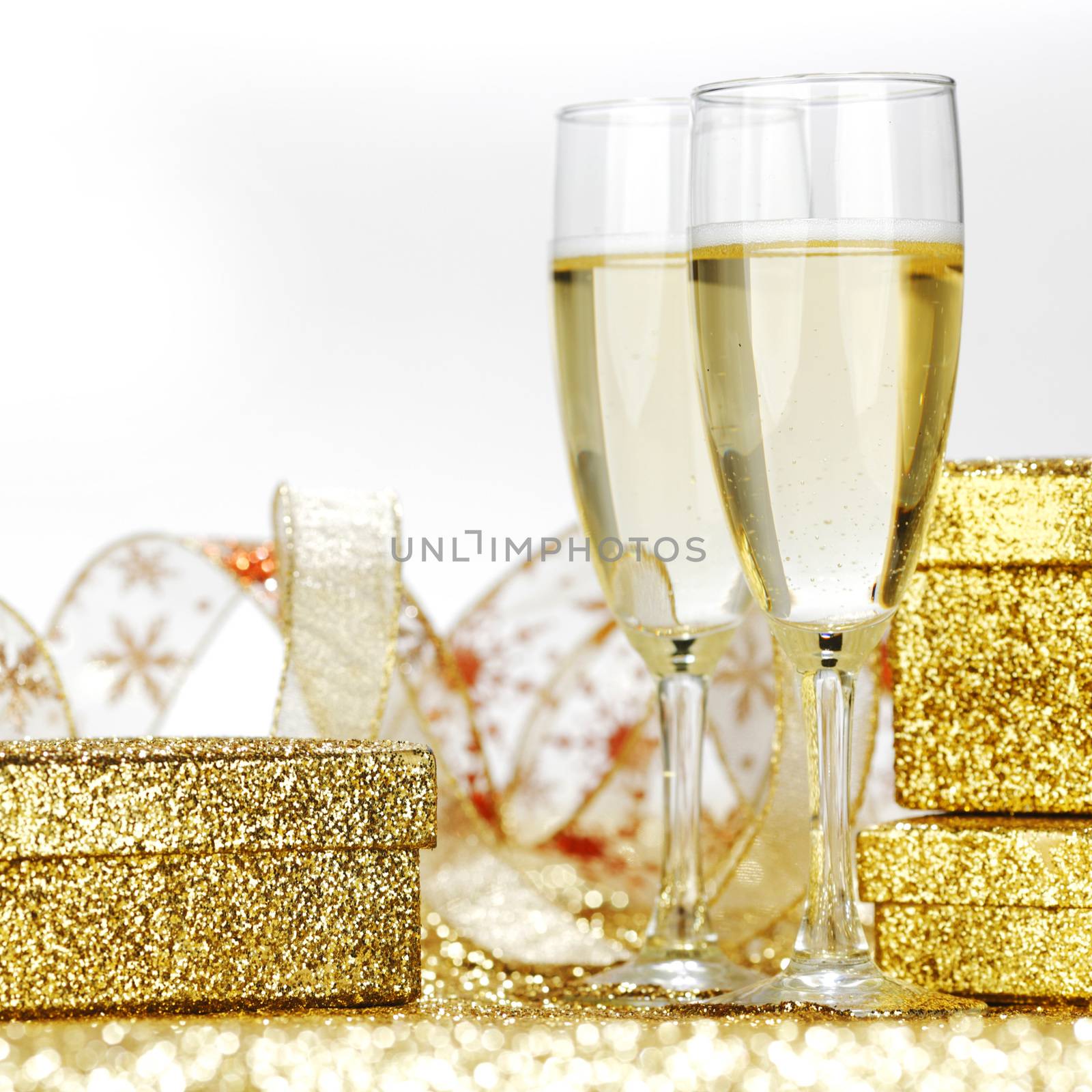 Holiday card with champagne and gifts