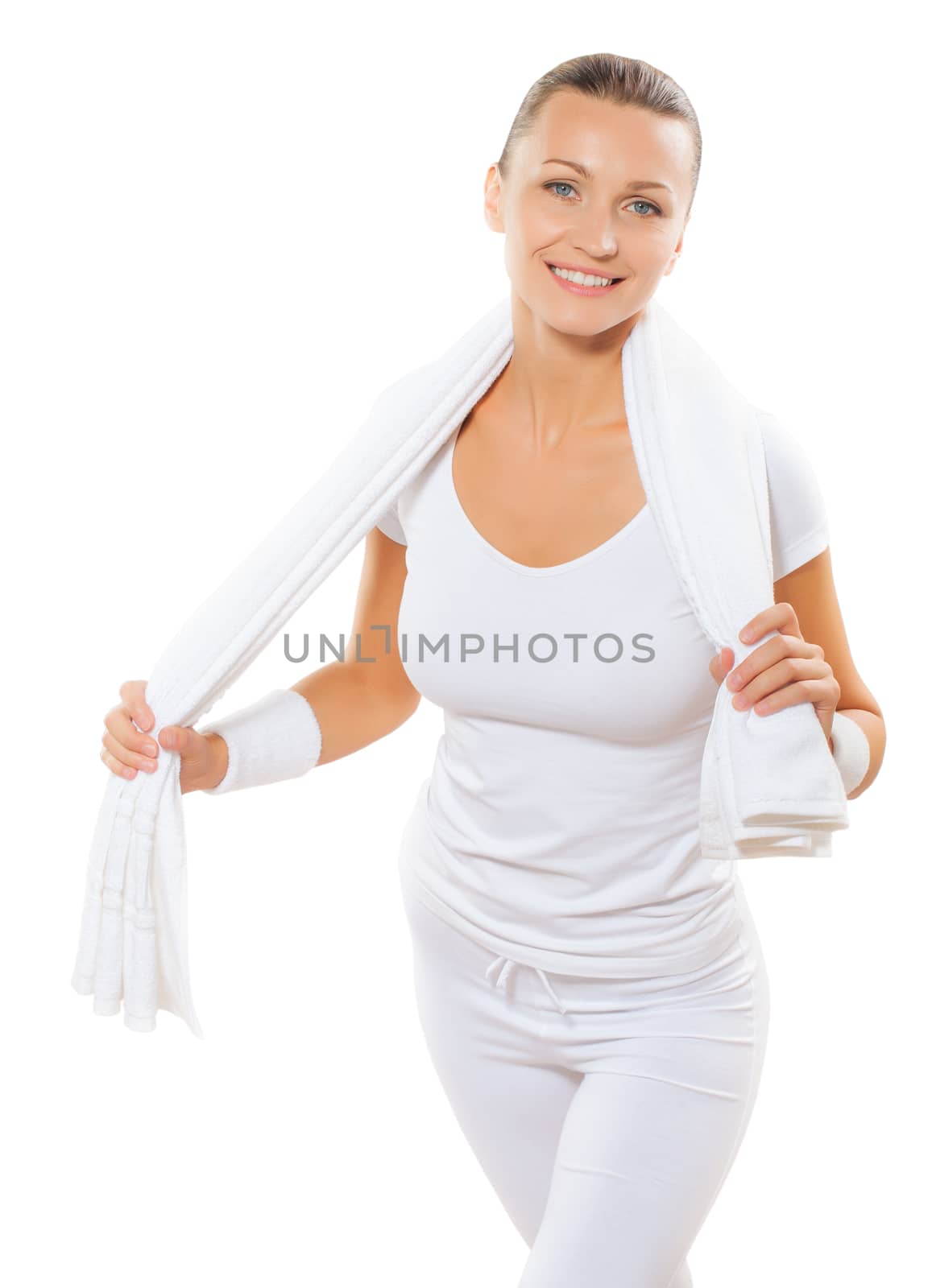 a sports women holdin white cotton towel and smiling isolated on white background