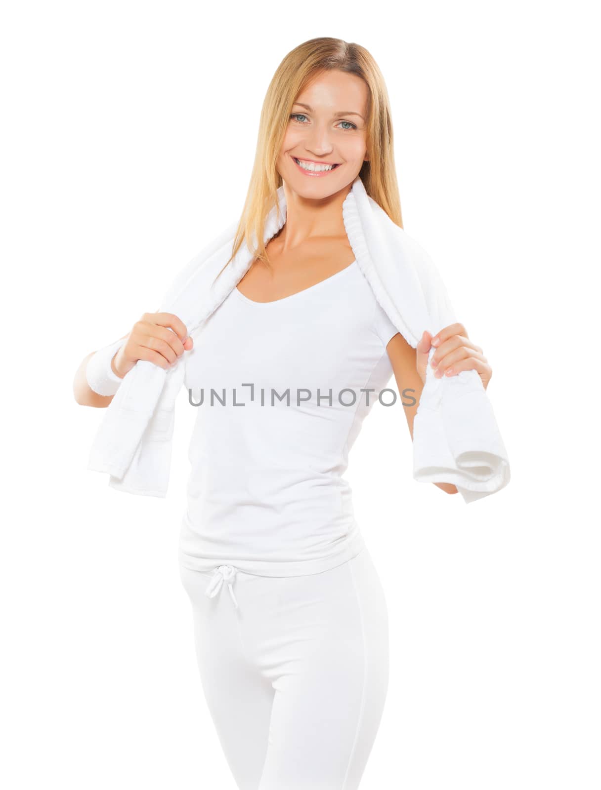 beautiful blonde with white cotton towel isolated on white backg by mihalec