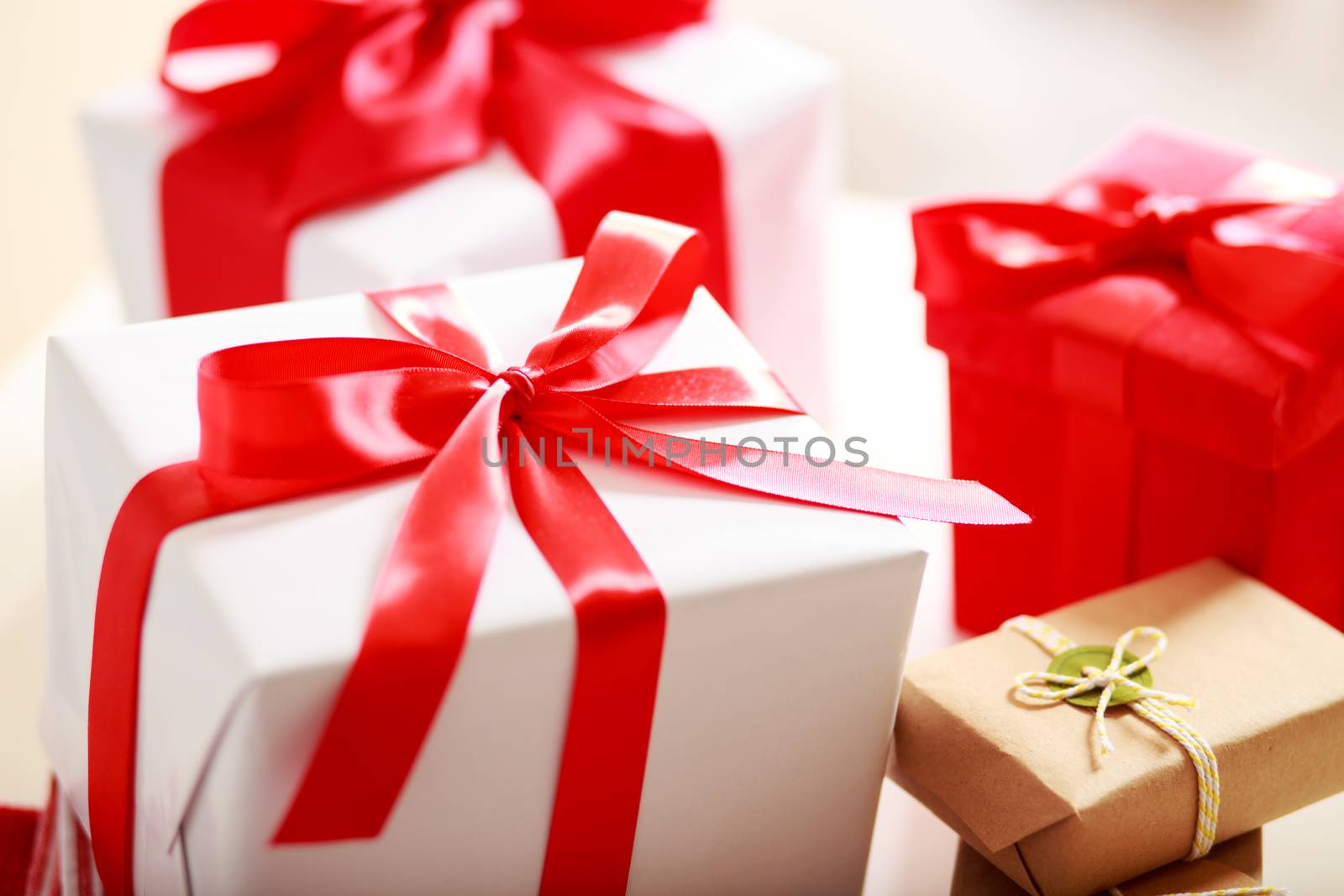 Red, white and earthy colored gift boxes