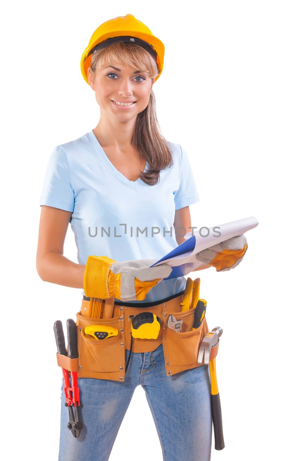 female carpenter holding clipboard by mihalec