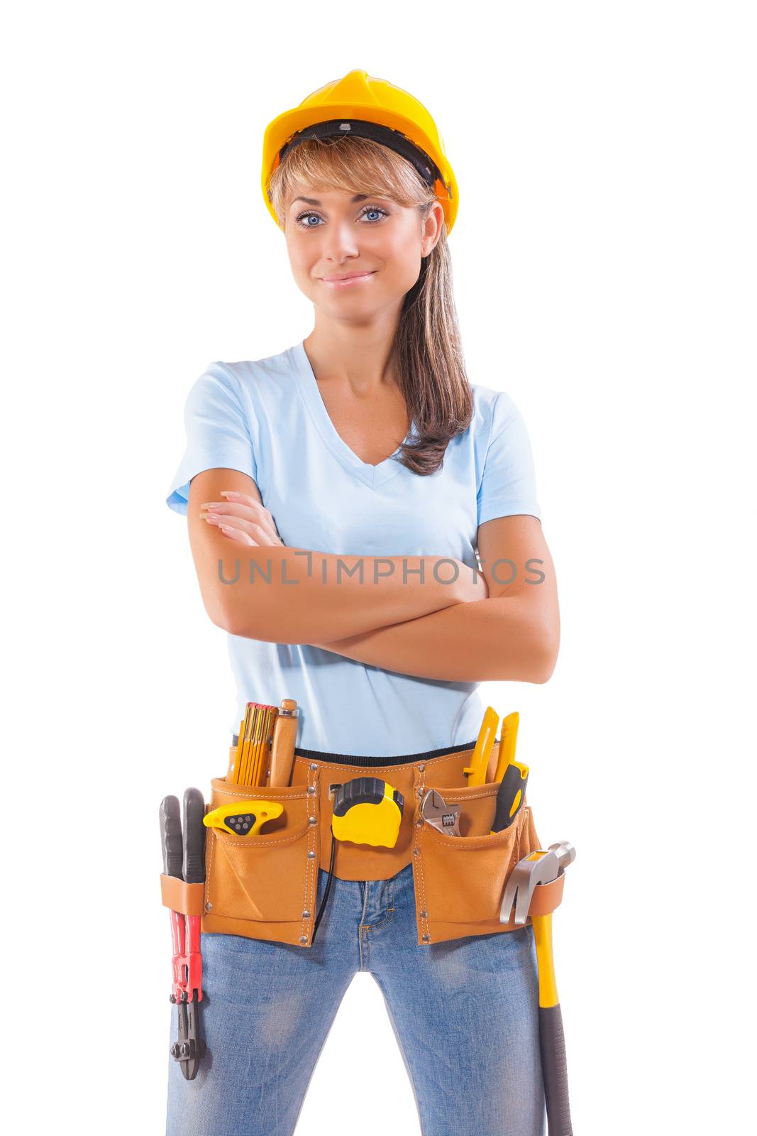 portrait of gorgeous female carpenter isolated on white