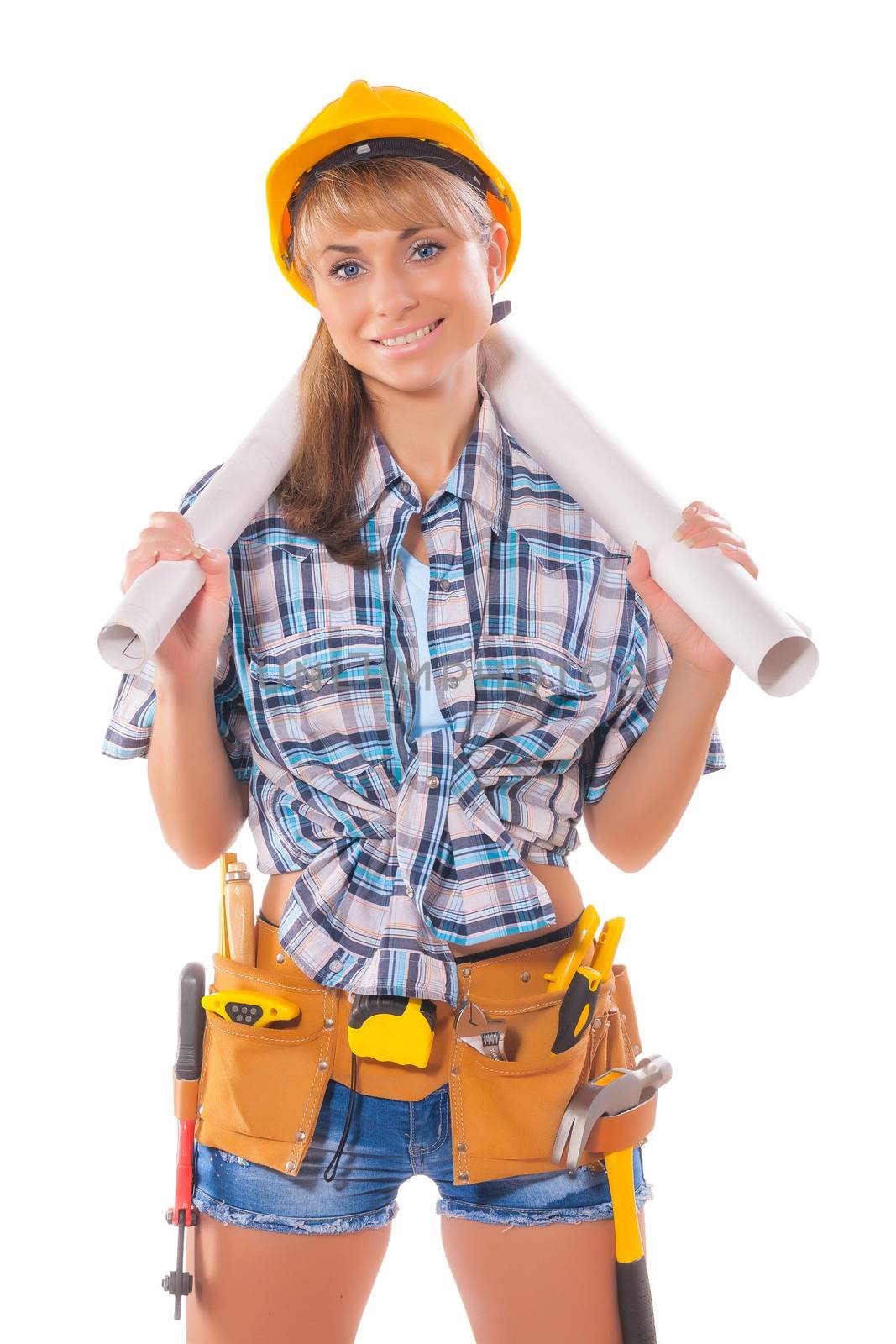 sexy female worker holding two blueprints