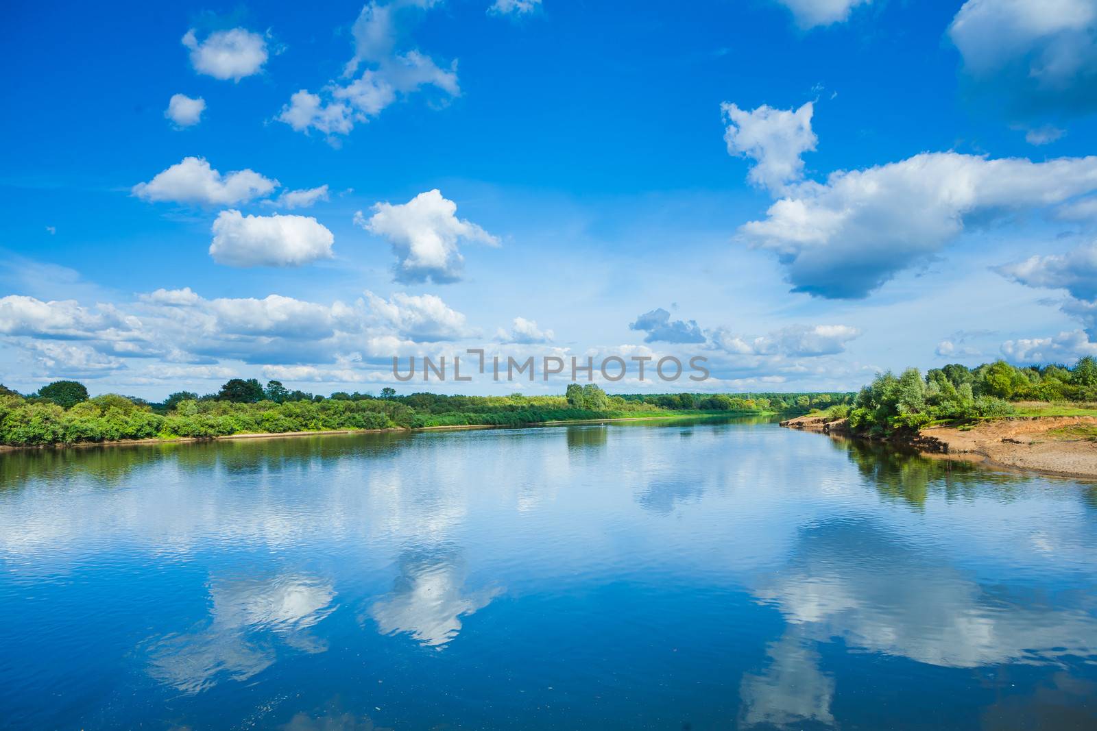 Wide river with reflection and green bush on coasts and blue clo by mihalec