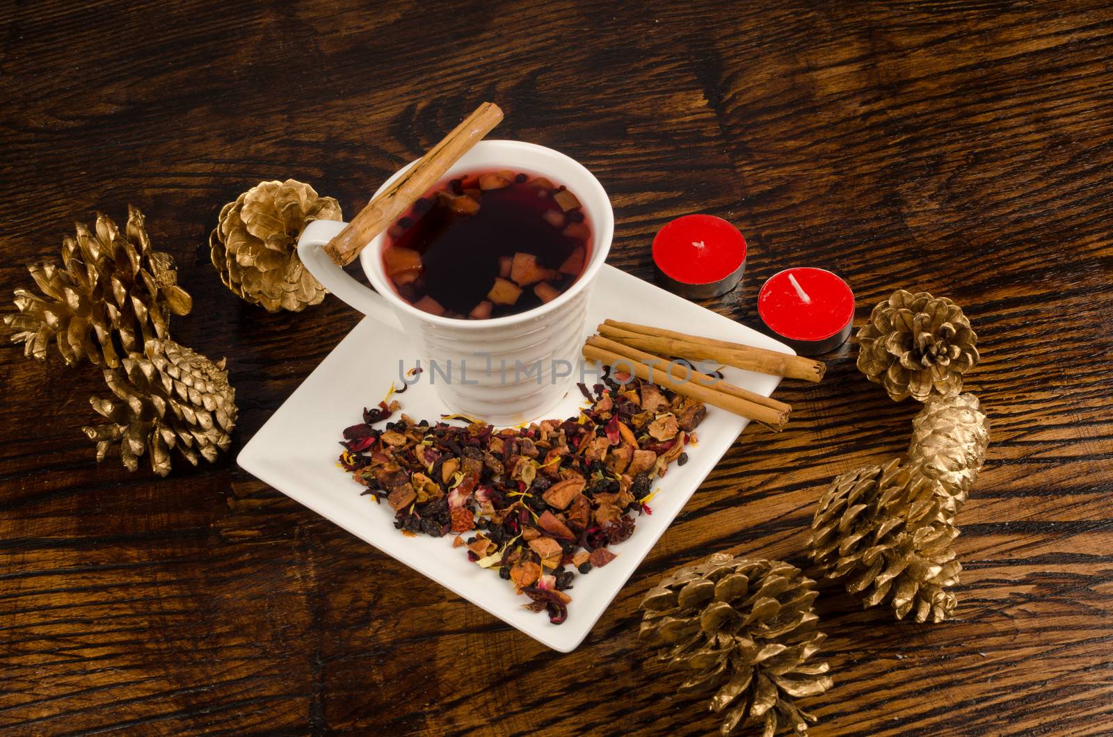 Hot drink in a still life with Christmas decoration