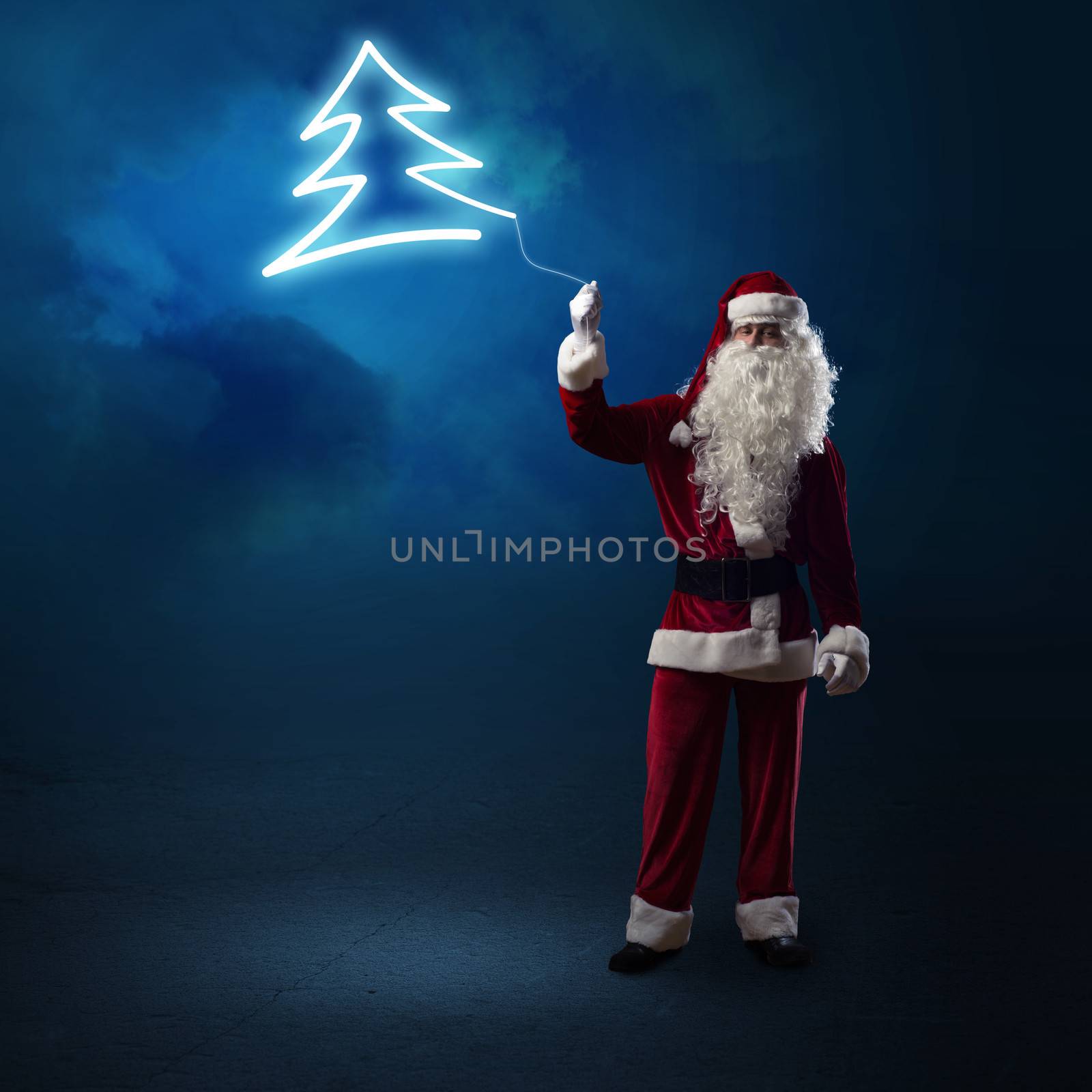 Santa Claus is holding a shining Christmas tree by adam121