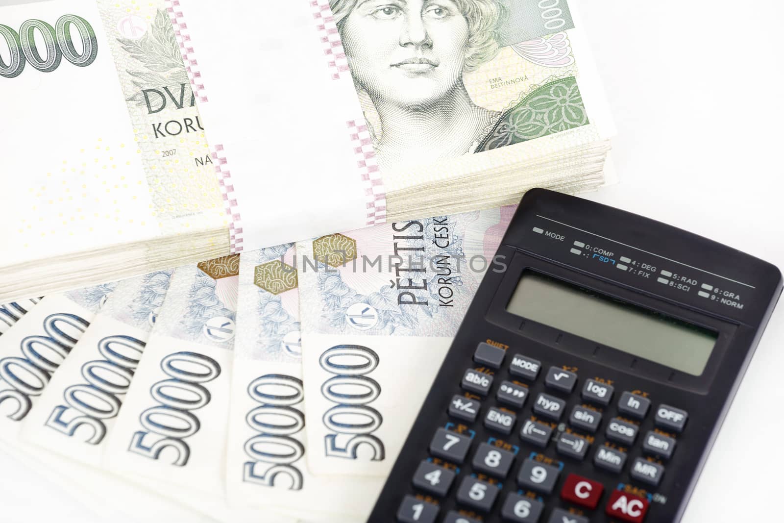 Czech money banknotes, coins and calculator, money concept